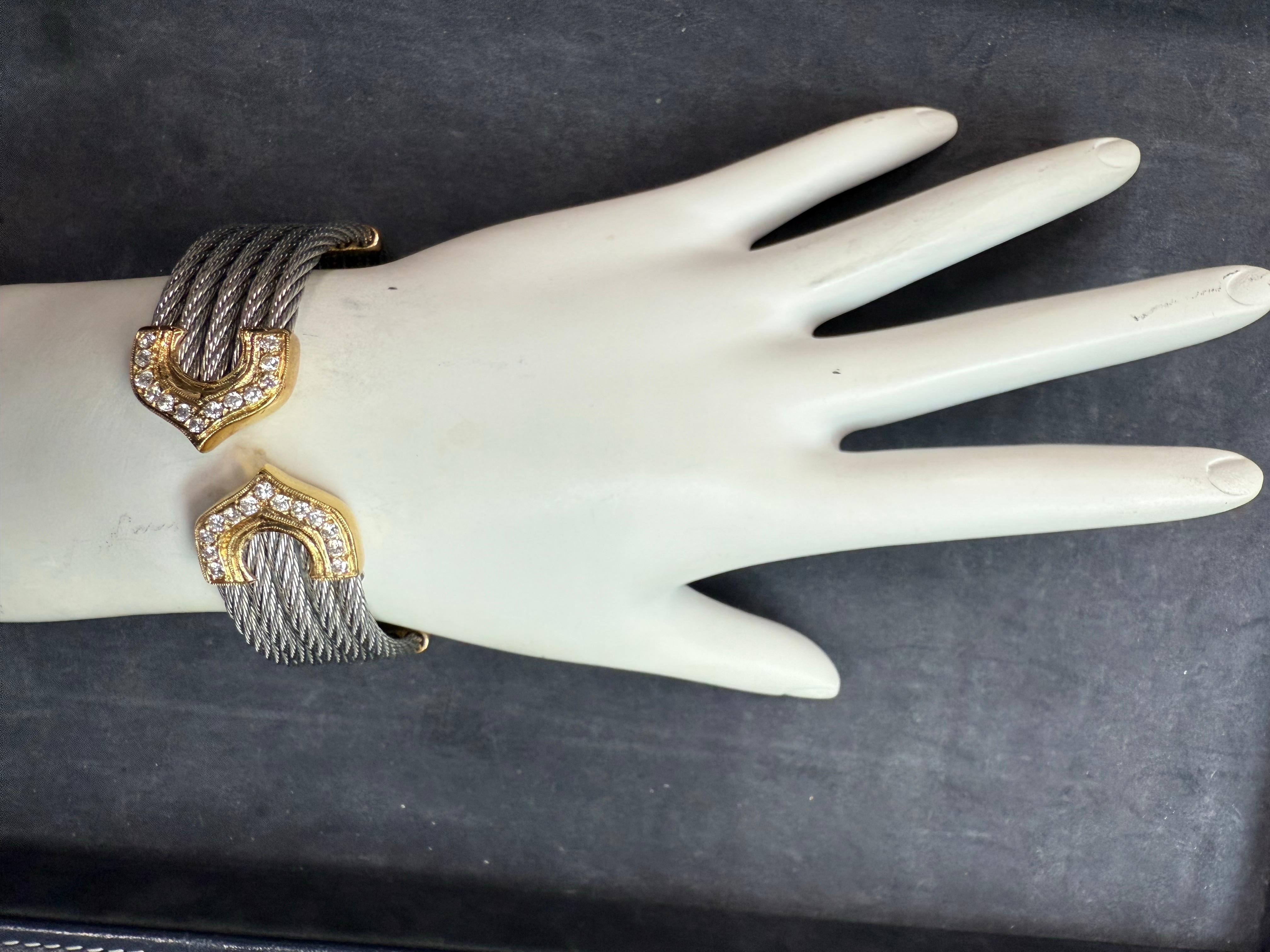 Brazalete flexible retro de oro amarillo y acero con diamante natural de 0,50 quilates Italia 1990 en venta 2