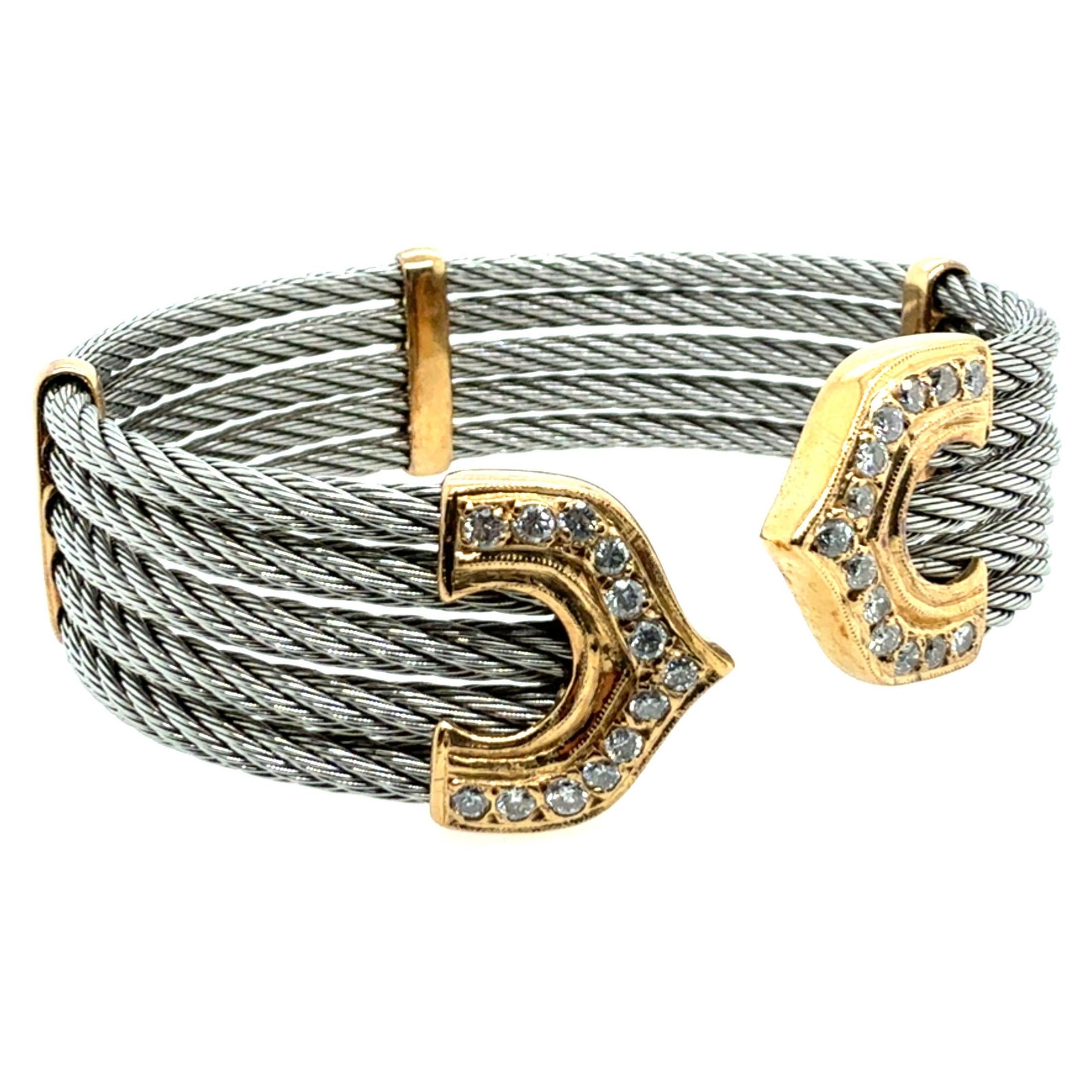 Brazalete flexible retro de oro amarillo y acero con diamante natural de 0,50 quilates Italia 1990 en venta