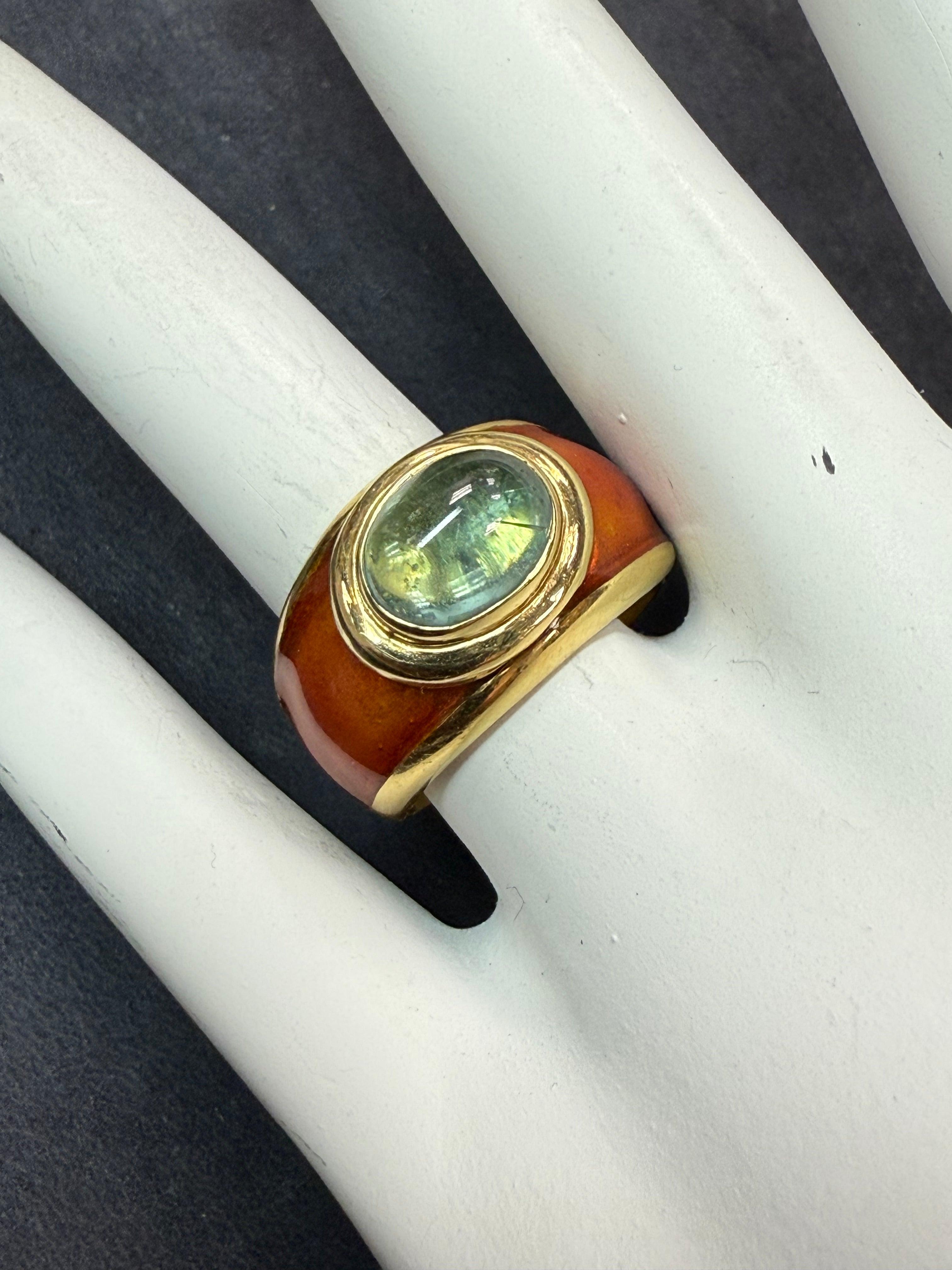 Women's Retro Yellow Gold Tourmaline Cabochon with Caramel Enamel Statement Ring For Sale