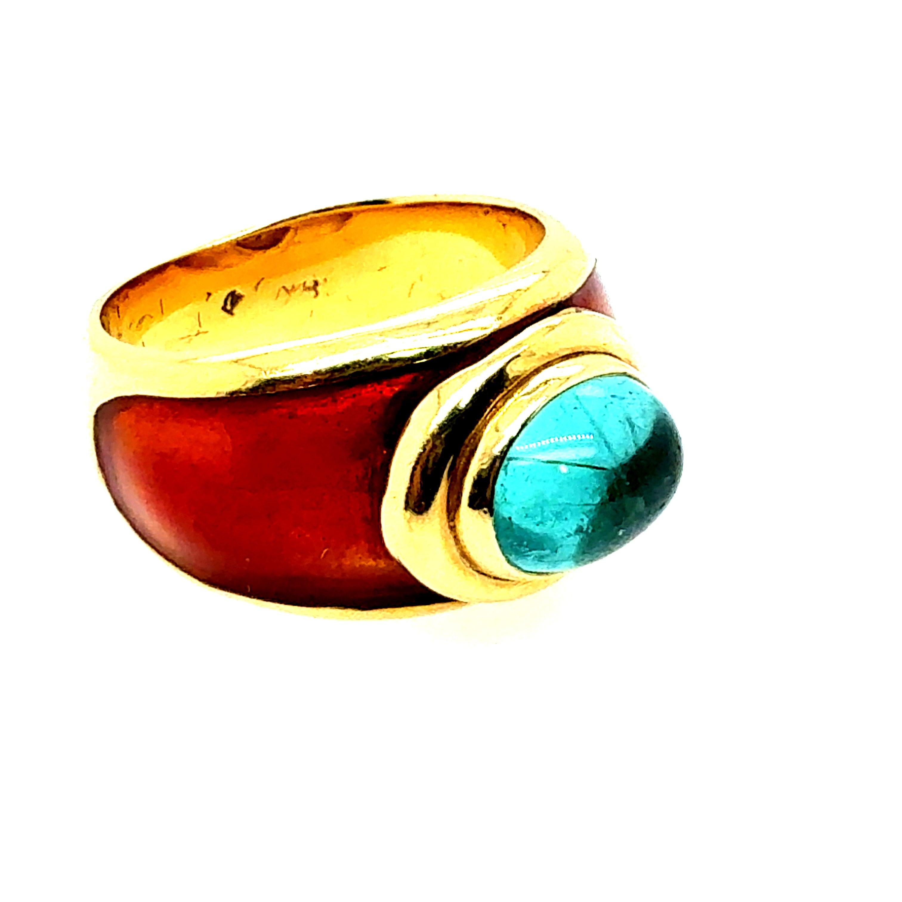 Retro Yellow Gold Tourmaline Cabochon with Caramel Enamel Statement Ring For Sale 1
