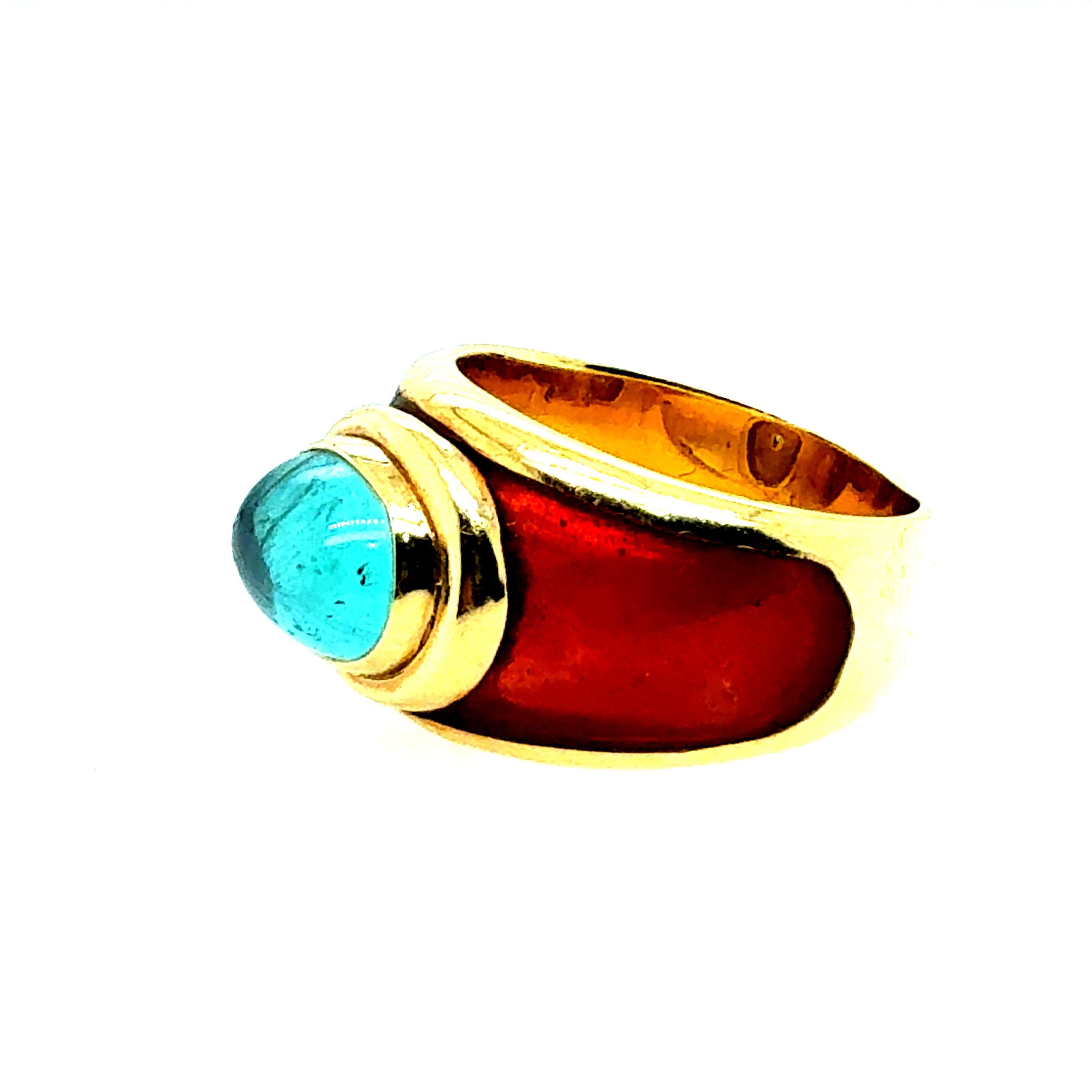 Retro Yellow Gold Tourmaline Cabochon with Caramel Enamel Statement Ring For Sale 2