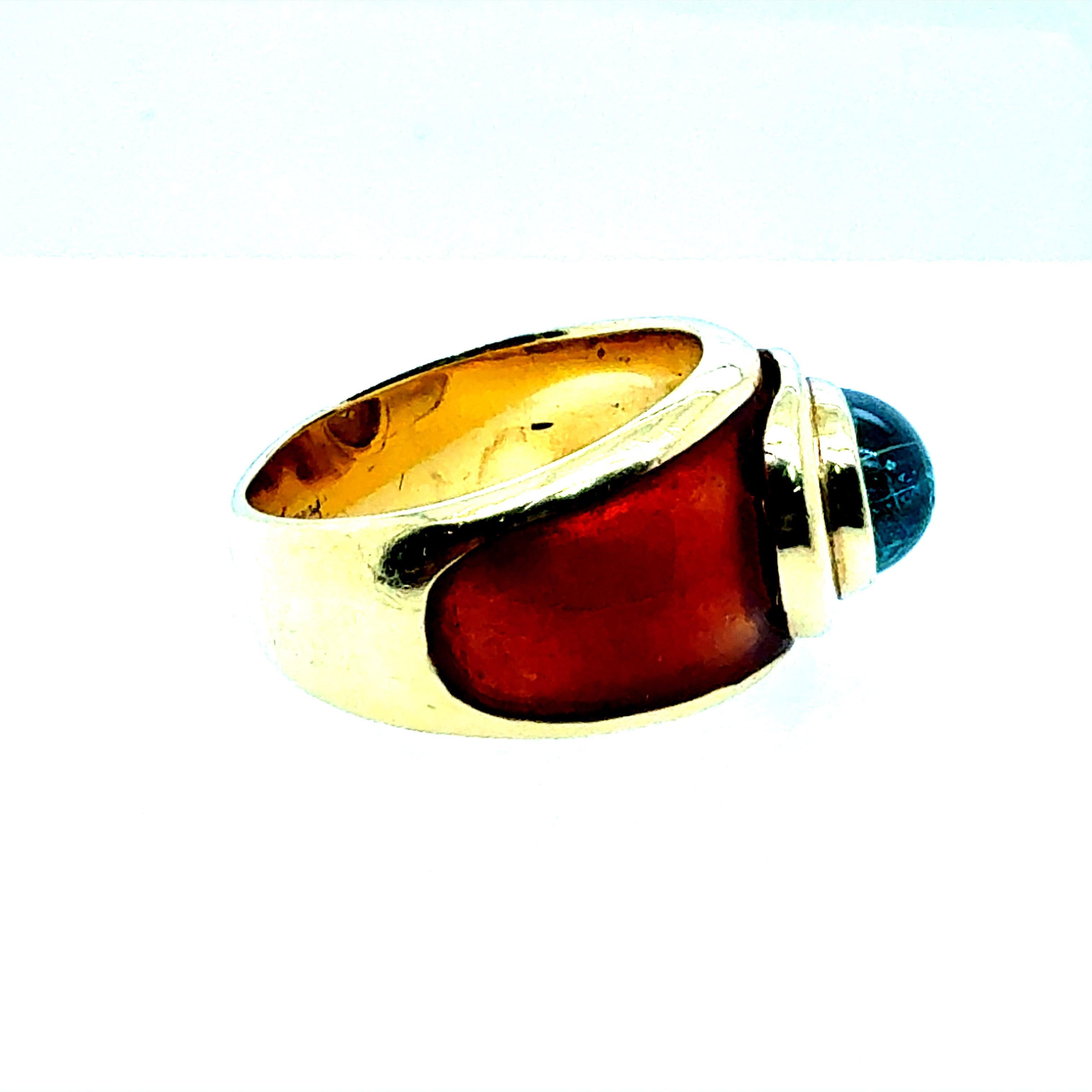 Retro Yellow Gold Tourmaline Cabochon with Caramel Enamel Statement Ring For Sale 3