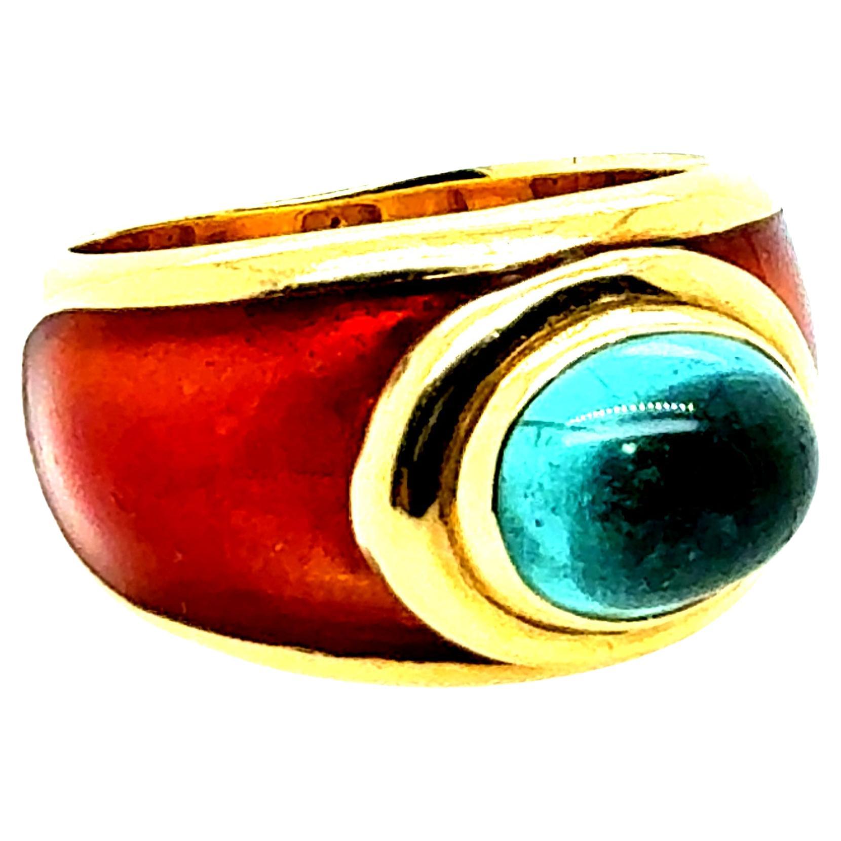 Retro Yellow Gold Tourmaline Cabochon with Caramel Enamel Statement Ring