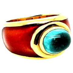 Retro Yellow Gold Tourmaline Cabochon with Caramel Enamel Statement Ring