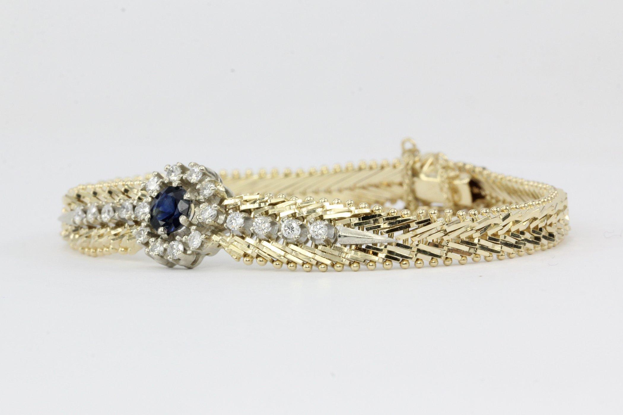 Retro Yellow and White Gold Natural Sapphire and Diamond Bracelet In Excellent Condition In Cape May, NJ