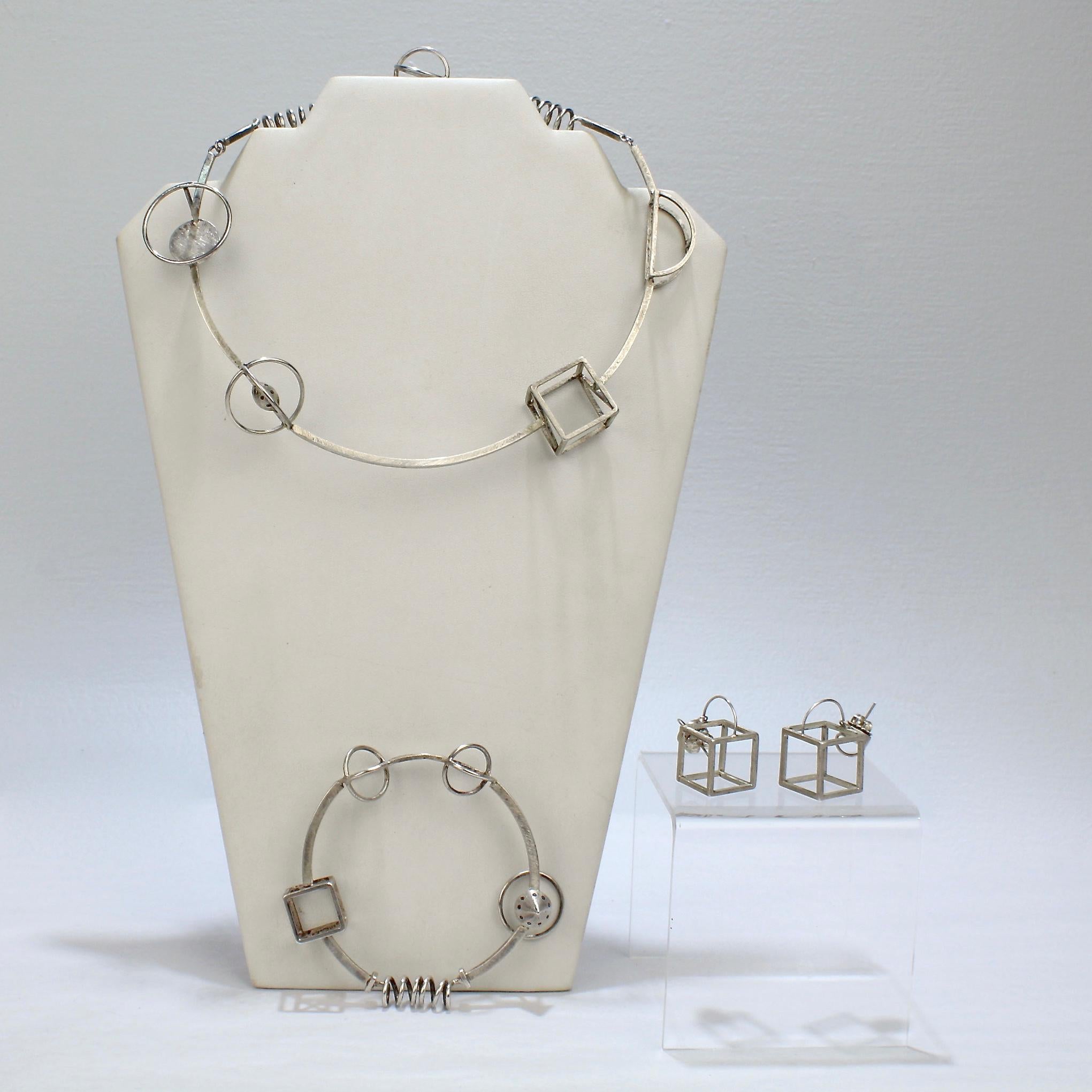 Modernist Retro Yumi Ueno Sterling Silver Geometric Necklace, Earring, & Bracelet Parure