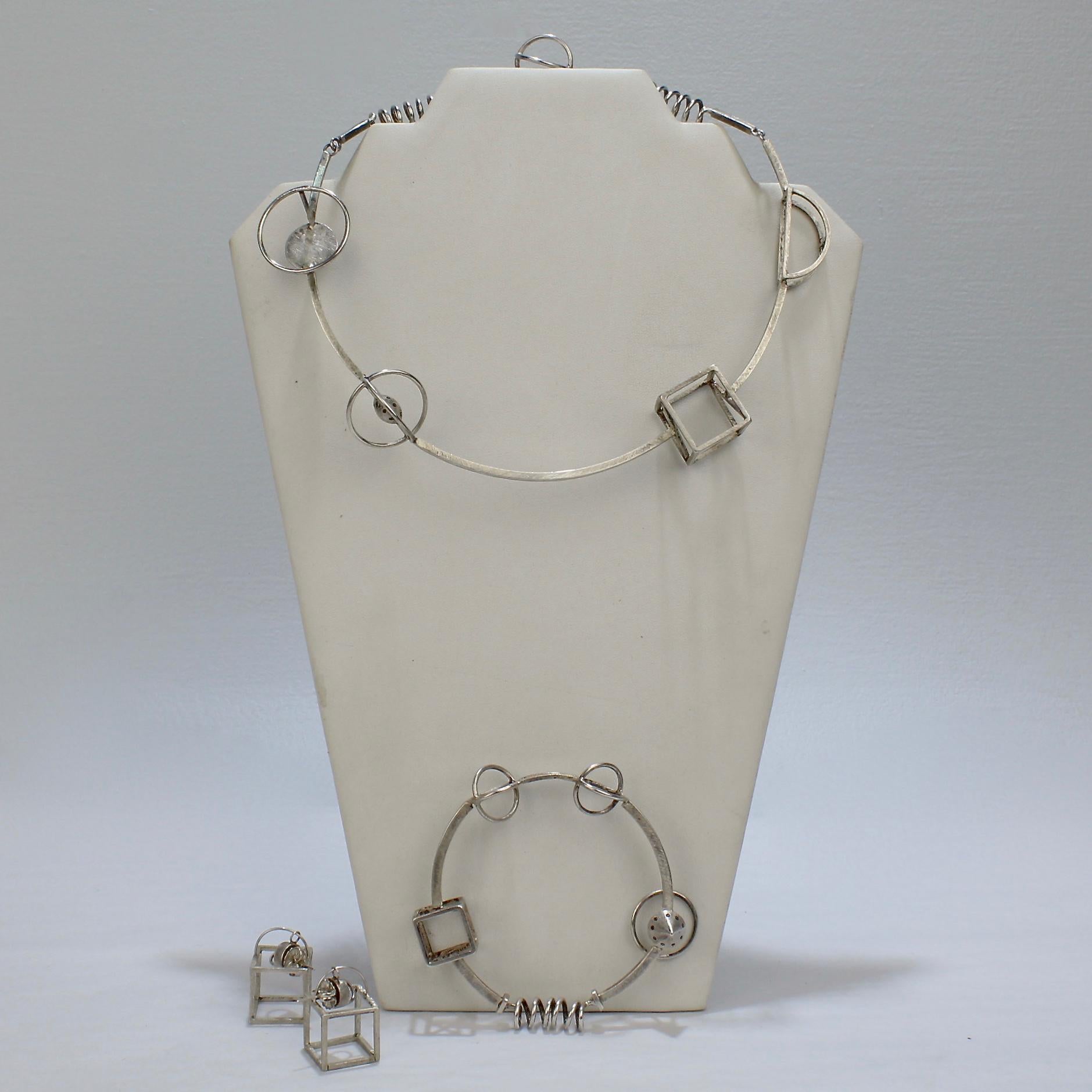 Retro Yumi Ueno Sterling Silver Geometric Necklace, Earring, & Bracelet Parure In Good Condition In Philadelphia, PA