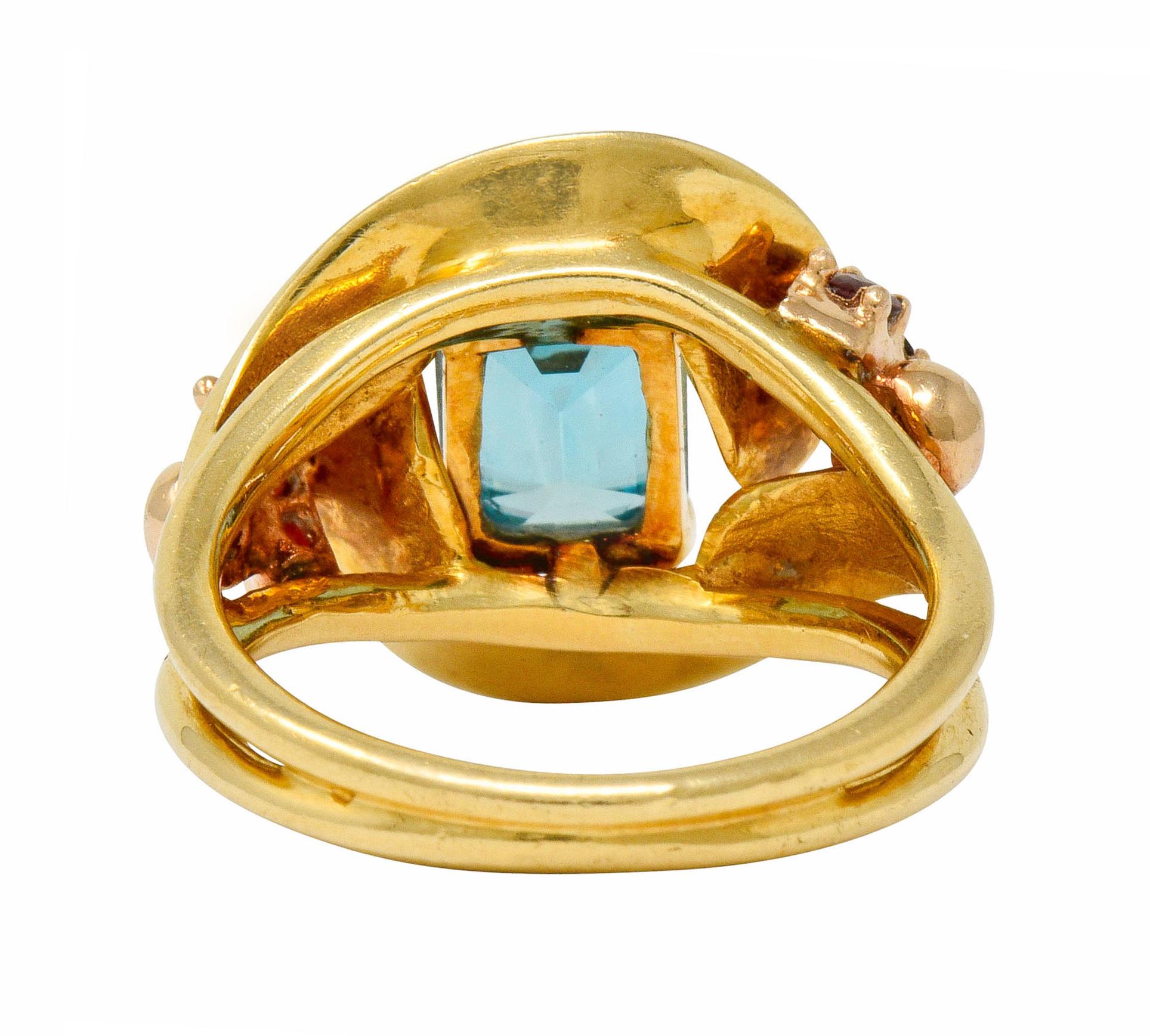 Retro Zircon Garnet 14 Karat Two-Tone Gold Bypass Ring In Excellent Condition In Philadelphia, PA