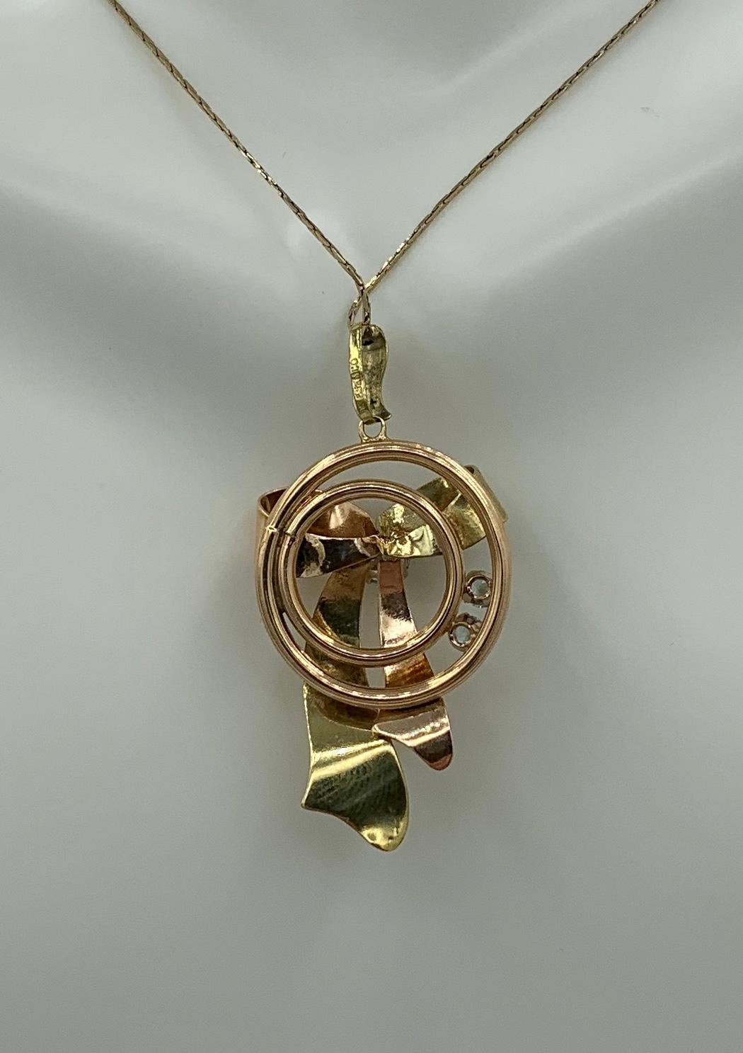 Retro Zircon Ribbon Bow Pendant Necklace Rose Gold Mid-Century Modern For Sale 1