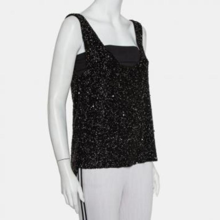 Retrofete Black Sequin & Bead Embellished Synthetic Tank Top L For Sale 6