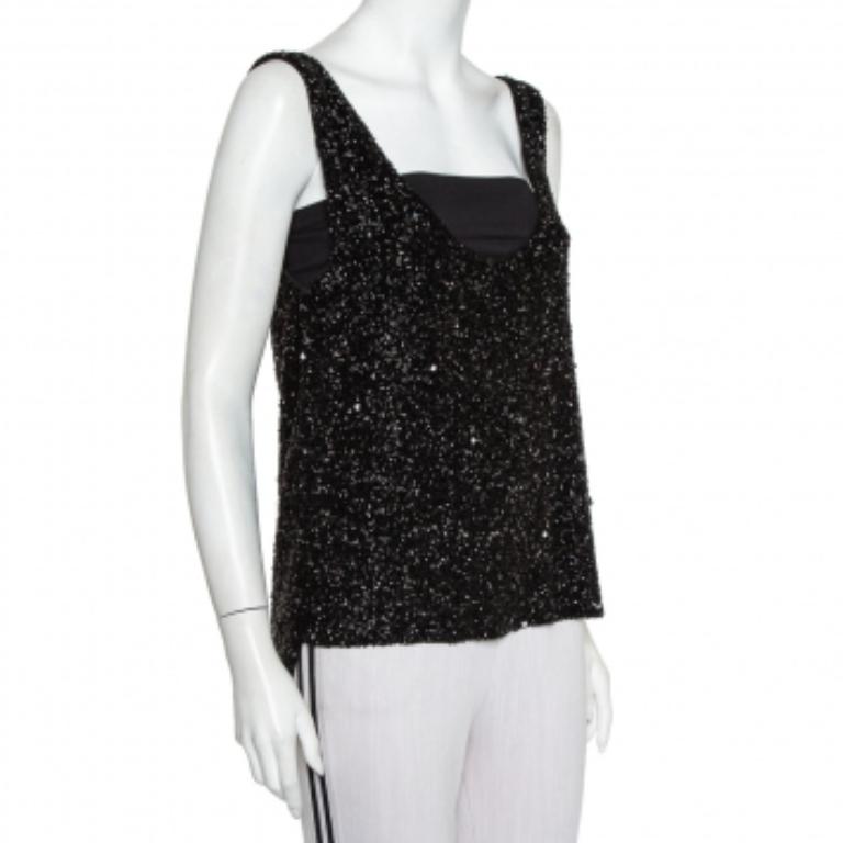 Retrofete Black Sequin & Bead Embellished Synthetic Tank Top L In Good Condition For Sale In Dubai, Al Qouz 2