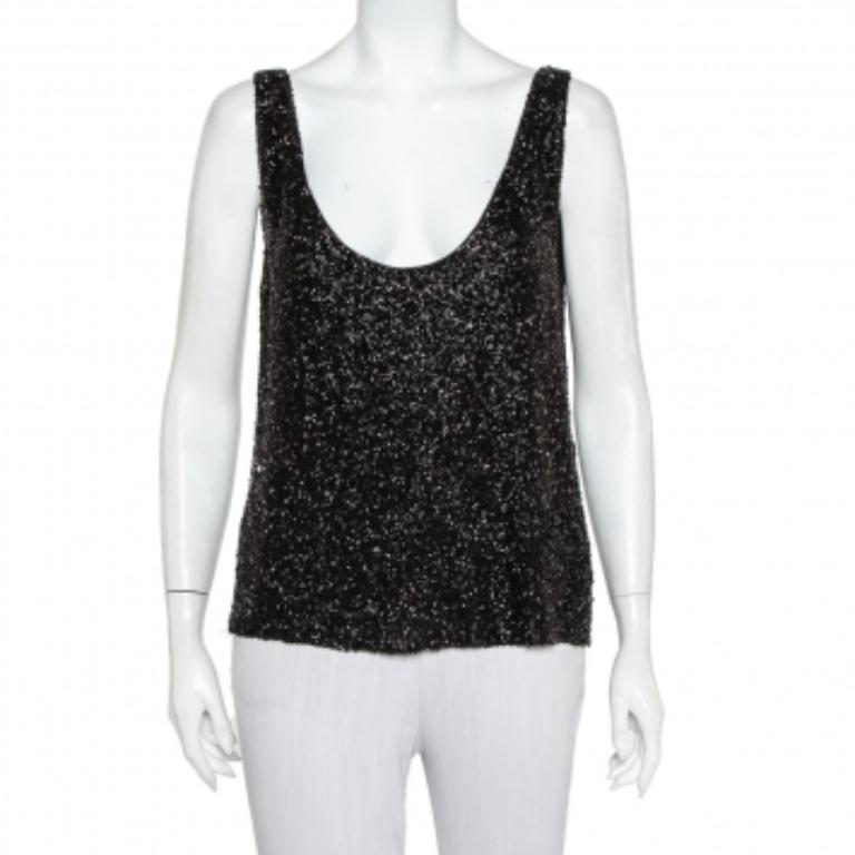 Retrofete Black Sequin & Bead Embellished Synthetic Tank Top L For Sale 1