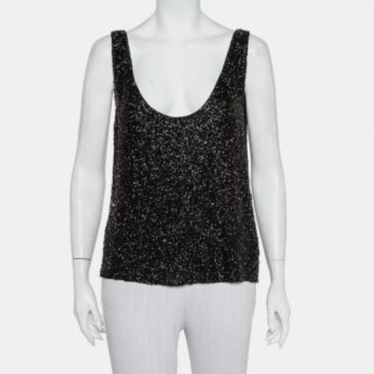 Retrofete Black Sequin & Bead Embellished Synthetic Tank Top L For Sale 4