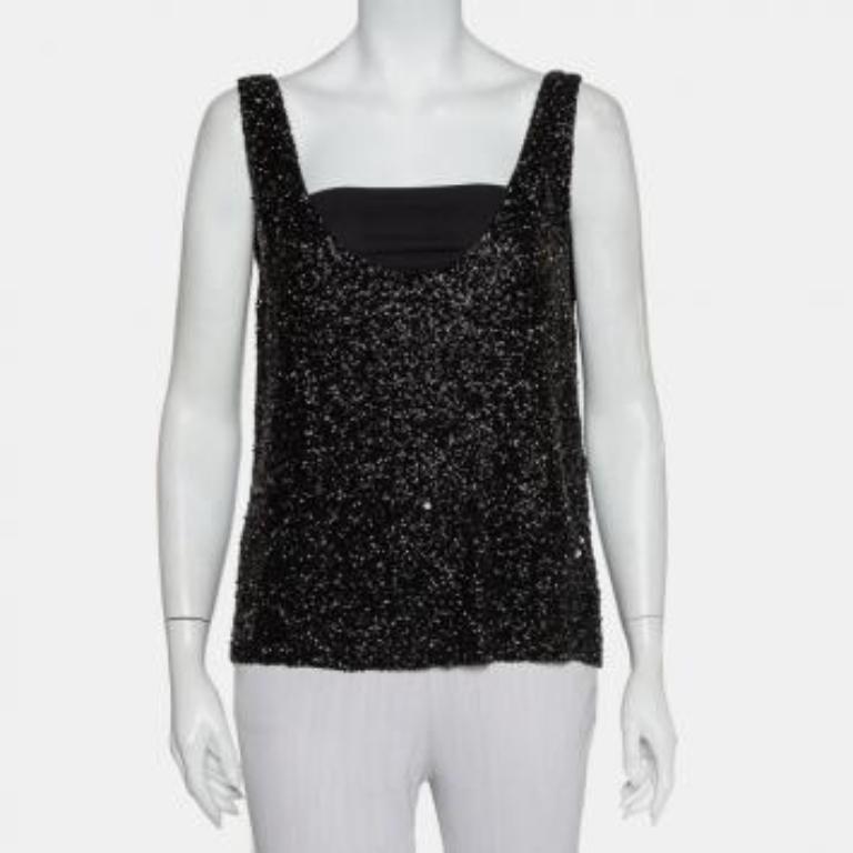 Retrofete Black Sequin & Bead Embellished Synthetic Tank Top L For Sale 5