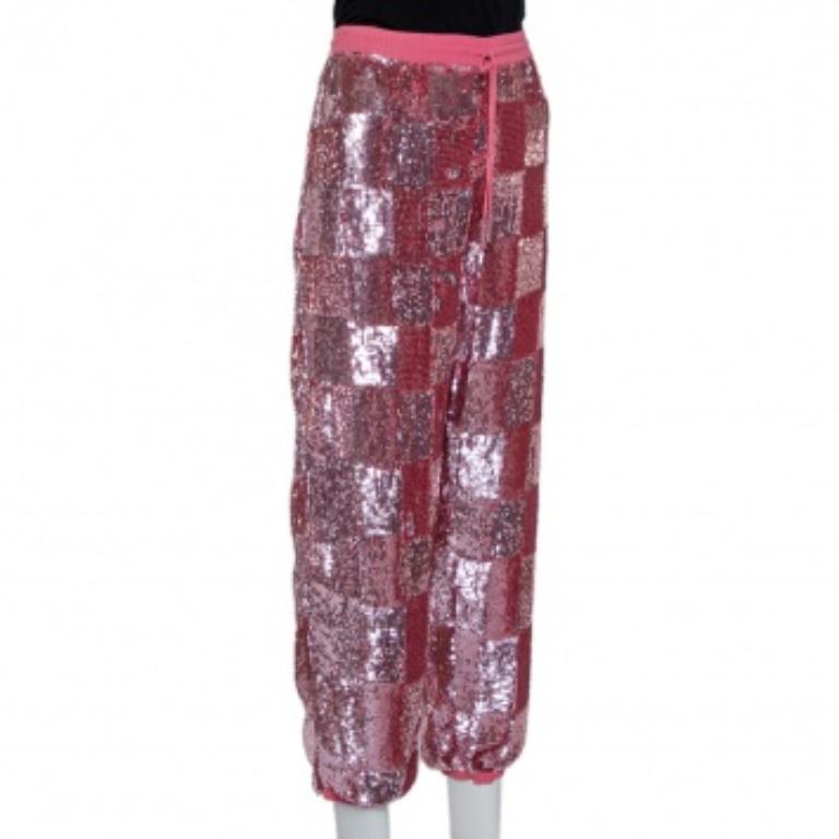 Retrofete Pink Sequin Embellished Chiffon Joggers L In Excellent Condition For Sale In Dubai, Al Qouz 2