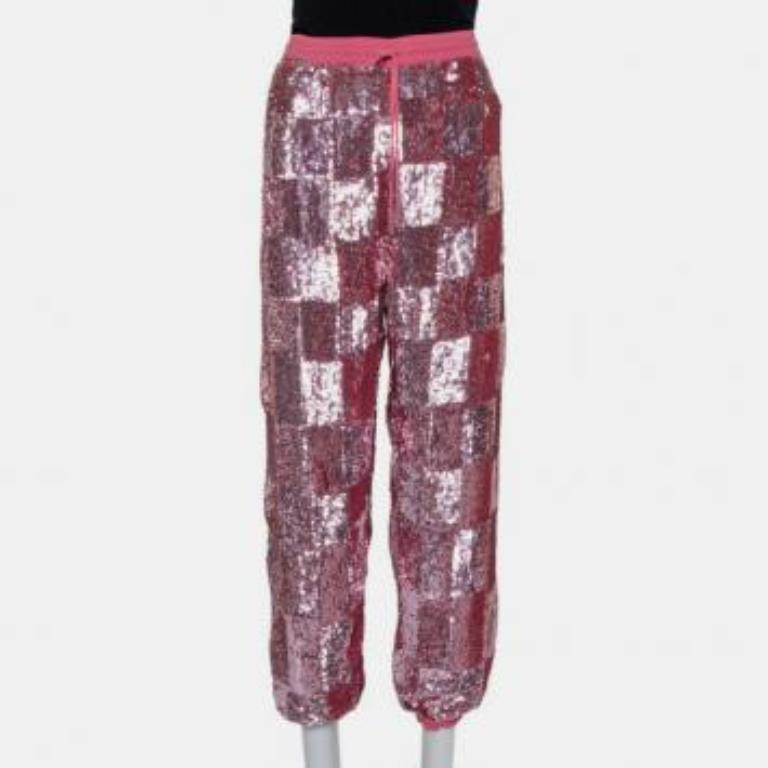 Retrofete Pink Sequin Embellished Chiffon Joggers L For Sale 3