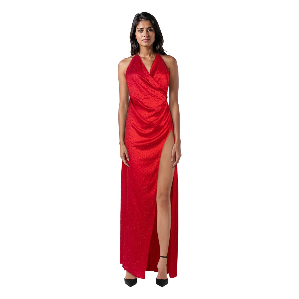 Retrofête Red Silk Rhinestone Halterneck Dress Size S
