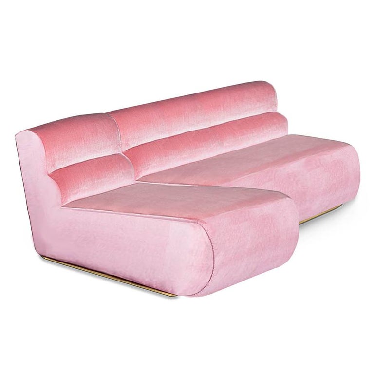 Mid-Century Modern Retro 70s Style Pink Velvet & Brass Sofa Sectional Manhattan Handcrafted For Sale