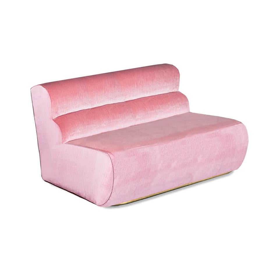 Mid-Century Modern Organic Modern 70s Style Pink Velvet & Brass Sofa Sectional Manhattan For Sale