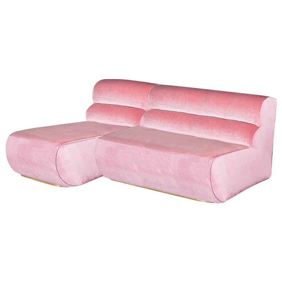 Retrofuturism 70s Style Pink Velvet and Polished Brass Base Sofa Manhattan