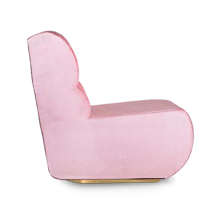Mid-Century Modern Retro 70s Style Pink Velvet & Polished Brass Base Accent Chair Manhattan For Sale