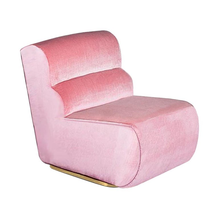 Retro 70s Style Pink Velvet & Polished Brass Base Accent Chair Manhattan For Sale