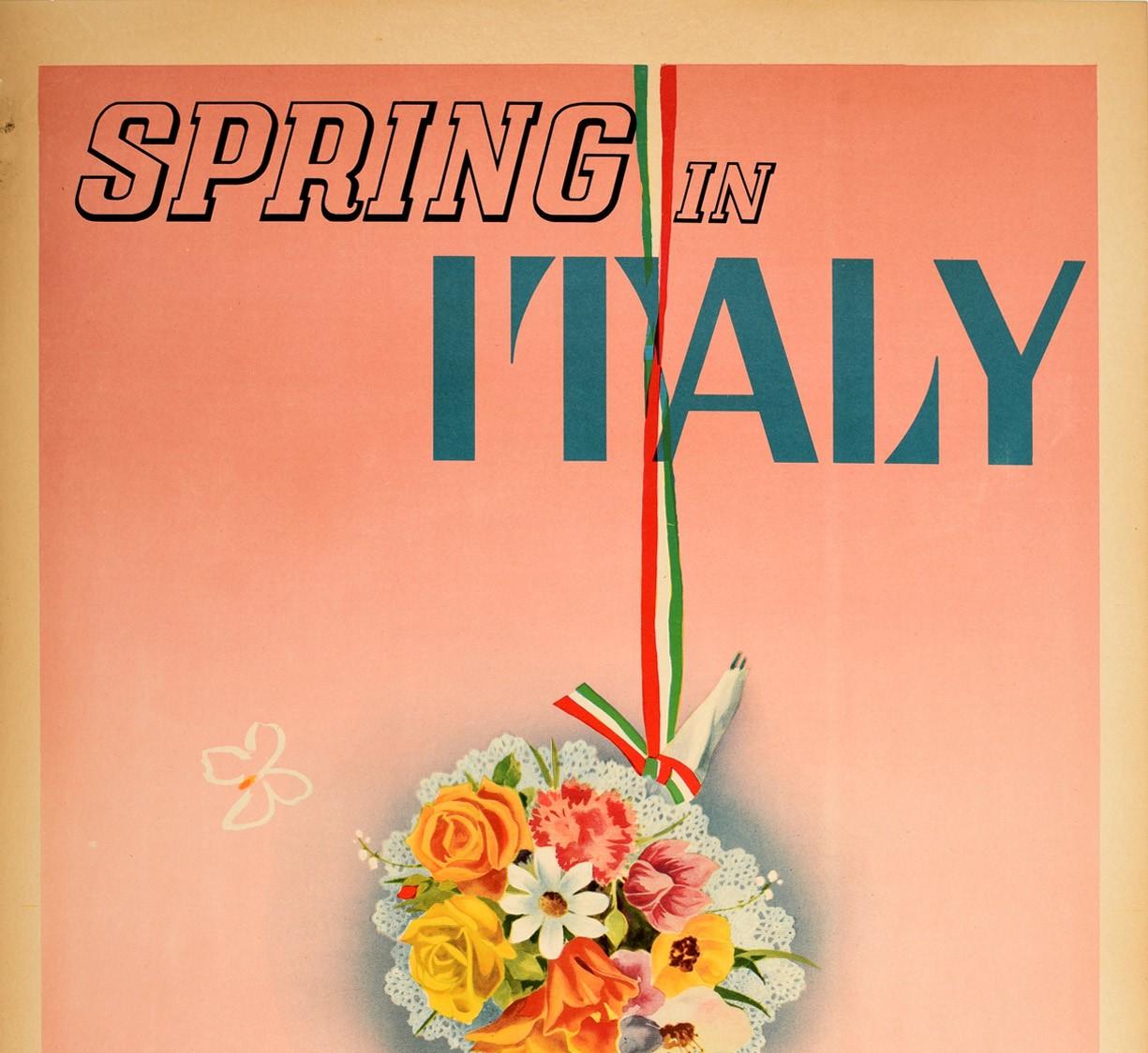 Original Vintage Poster Spring In Italy Travel Flowers Hills Flag Butterflies - Print by Retrosi