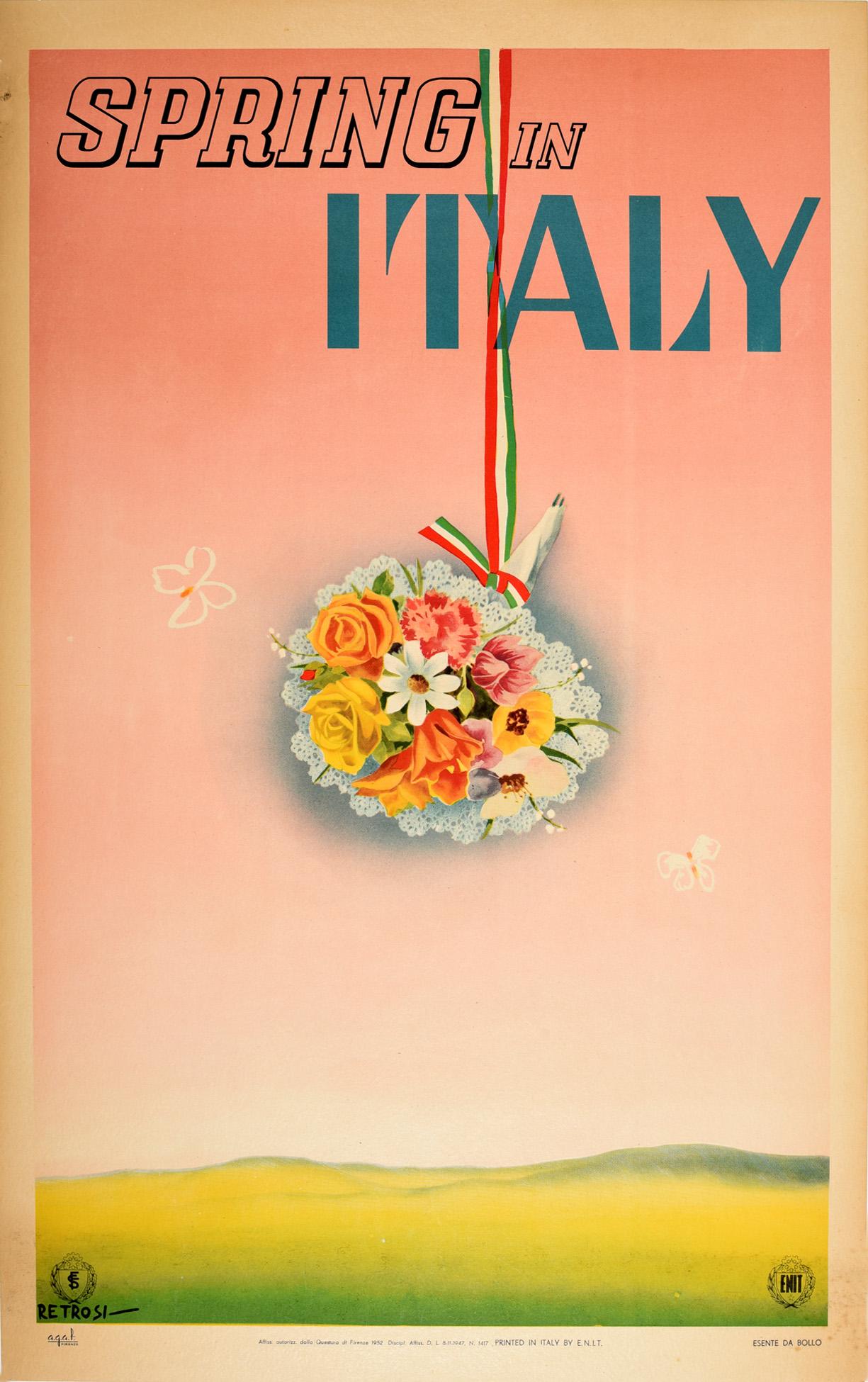 Retrosi Print - Original Vintage Poster Spring In Italy Travel Flowers Hills Flag Butterflies