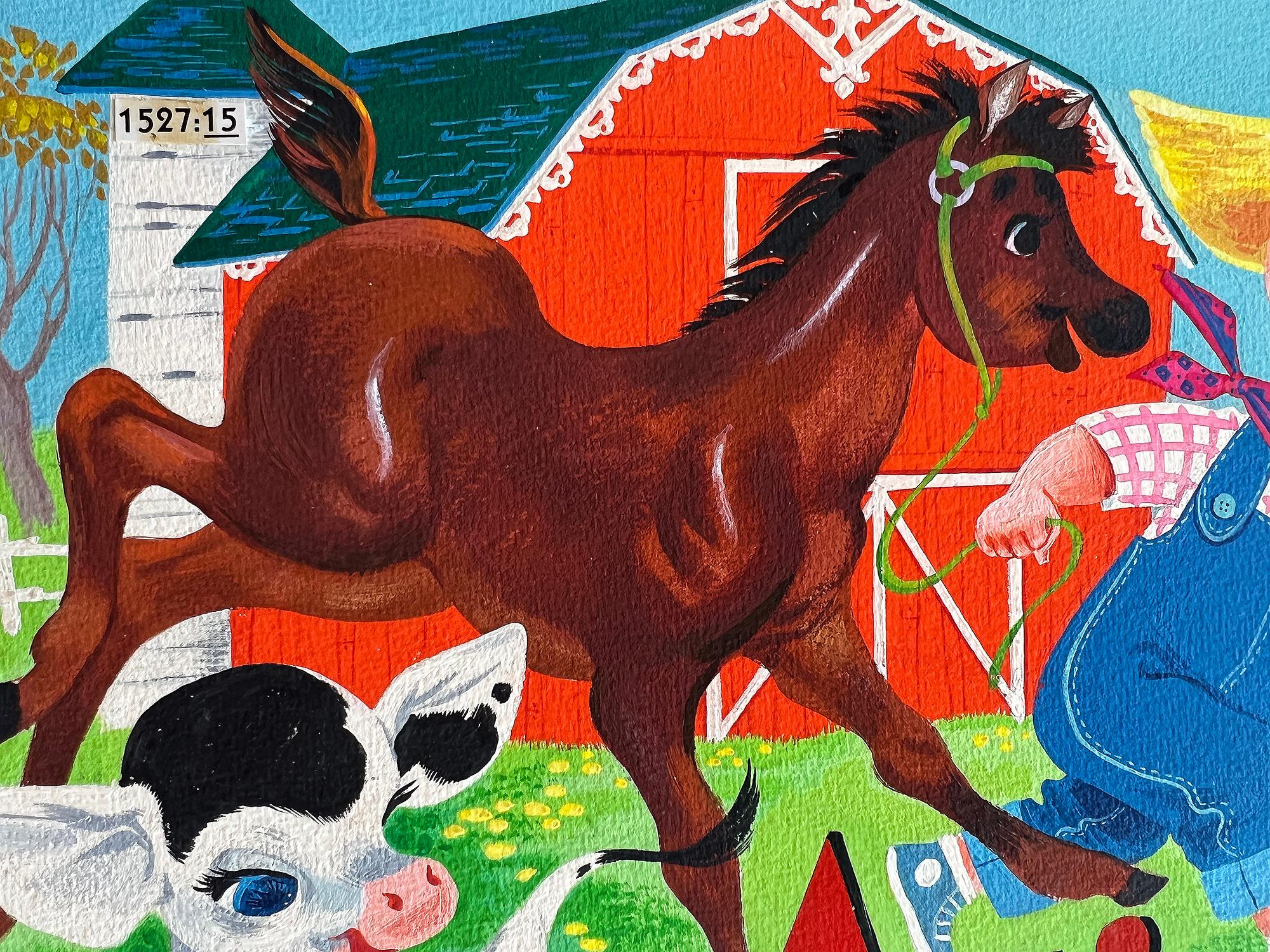 Cavalli, Polli, Anatre, Gallo e  Libro per bambini sui maiali - Illustratore donna - Figurative Painting Nero di Retta Scott