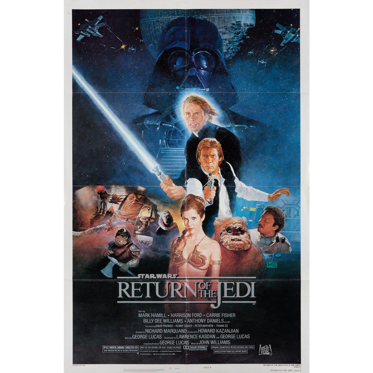 Original 1983 U.S. one sheet poster for the film Return of the Jedi (Star Wars: Episode VI) directed by Richard Marquand with Mark Hamill / Harrison Ford / Carrie Fisher / Billy Dee Williams. Very Good condition, folded with pinholes. Many original