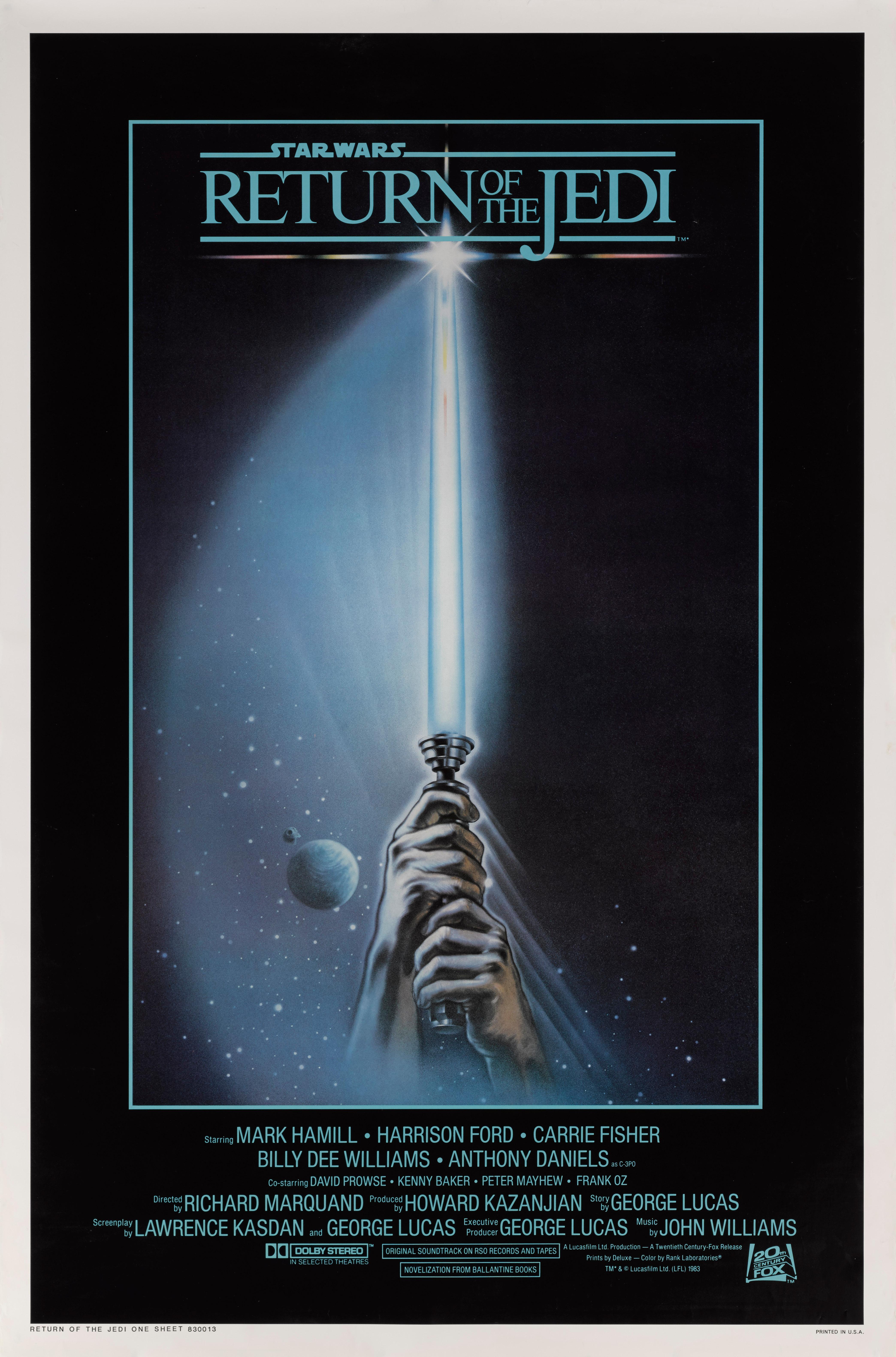 Original US film poster for the 1983 Third Star Wars film. Staring Mark Hamill, Harrison Ford, Carrie Fisher. The art work on this poster is by Tim Reamer (dates unknown) This poster is in near mint condition and unfolded and conservation linen