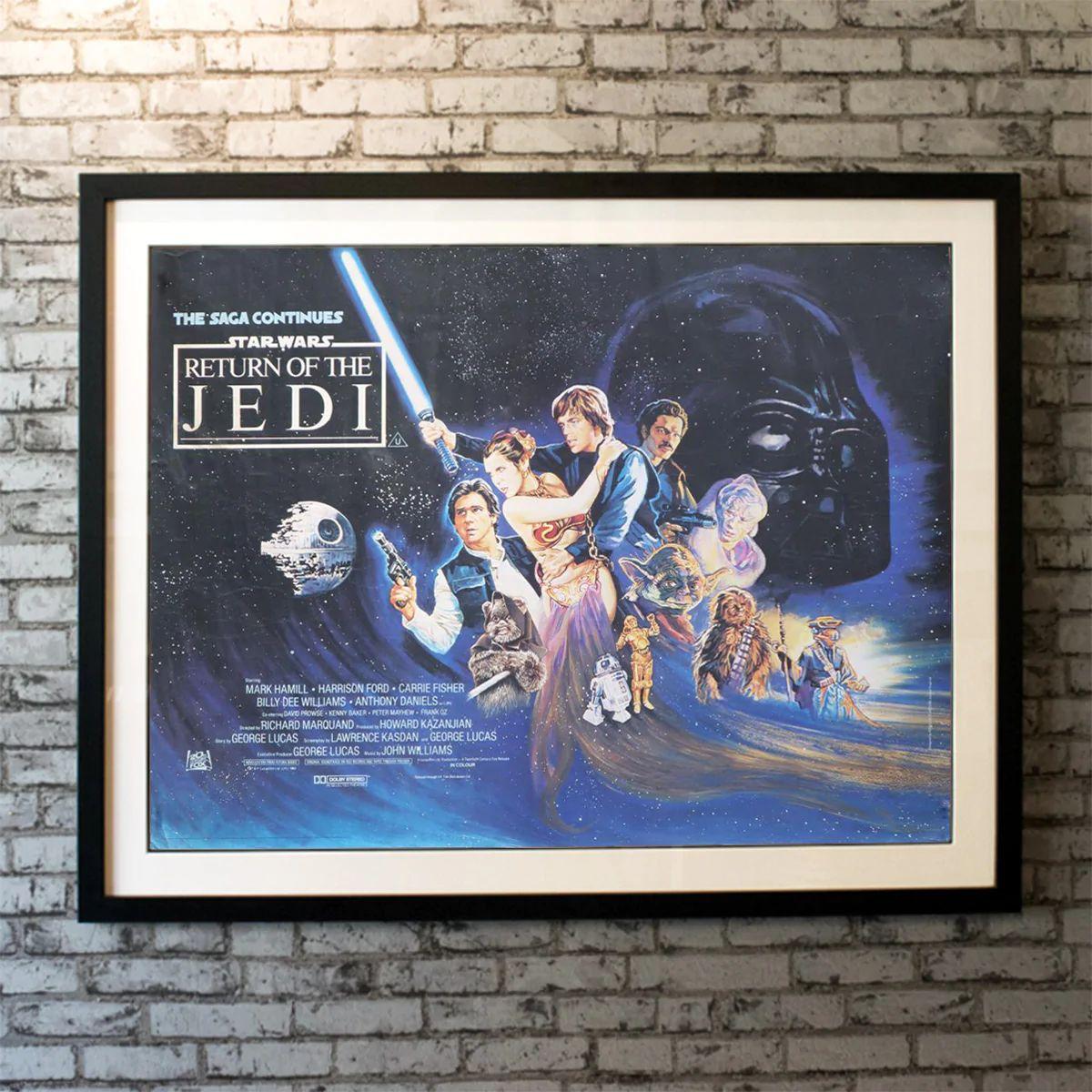 Return Of The Jedi, unframed poster, 1983

Episode VI- Return of the Jedi ends the Star Wars trilogy on a strong note and was nominated for 4 oscars. There were two versions of the UK quad - the earlier version omitted several characters and these