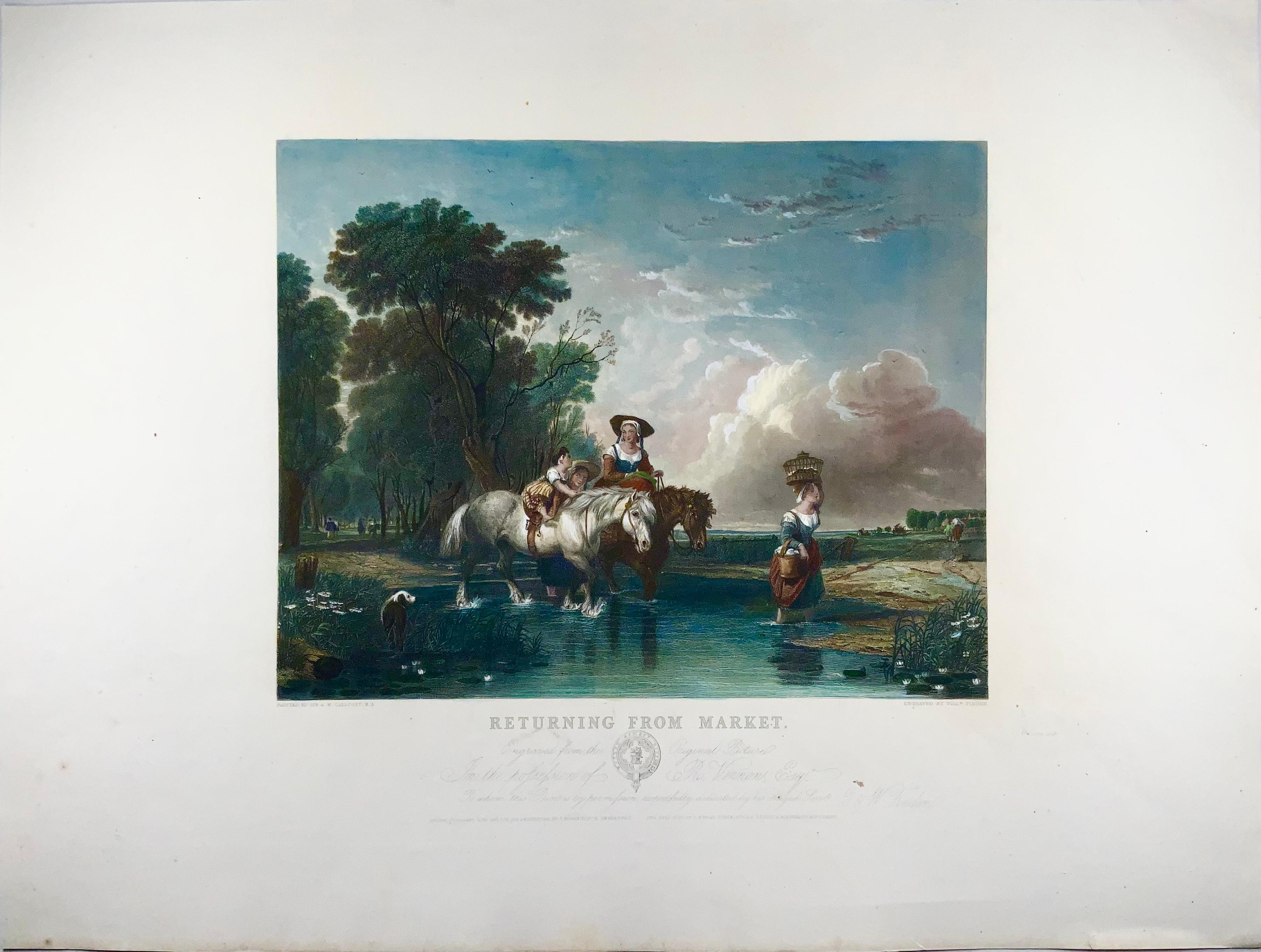 Returning from Market

Measures: 400 x 550 mm. 

An original engraving after by Sir A. W. Callcott, R.A, and engraved by William Finden.

Colour printed with additional hand colour. 

Published in London, April 1845, by J. Hogarth, 5