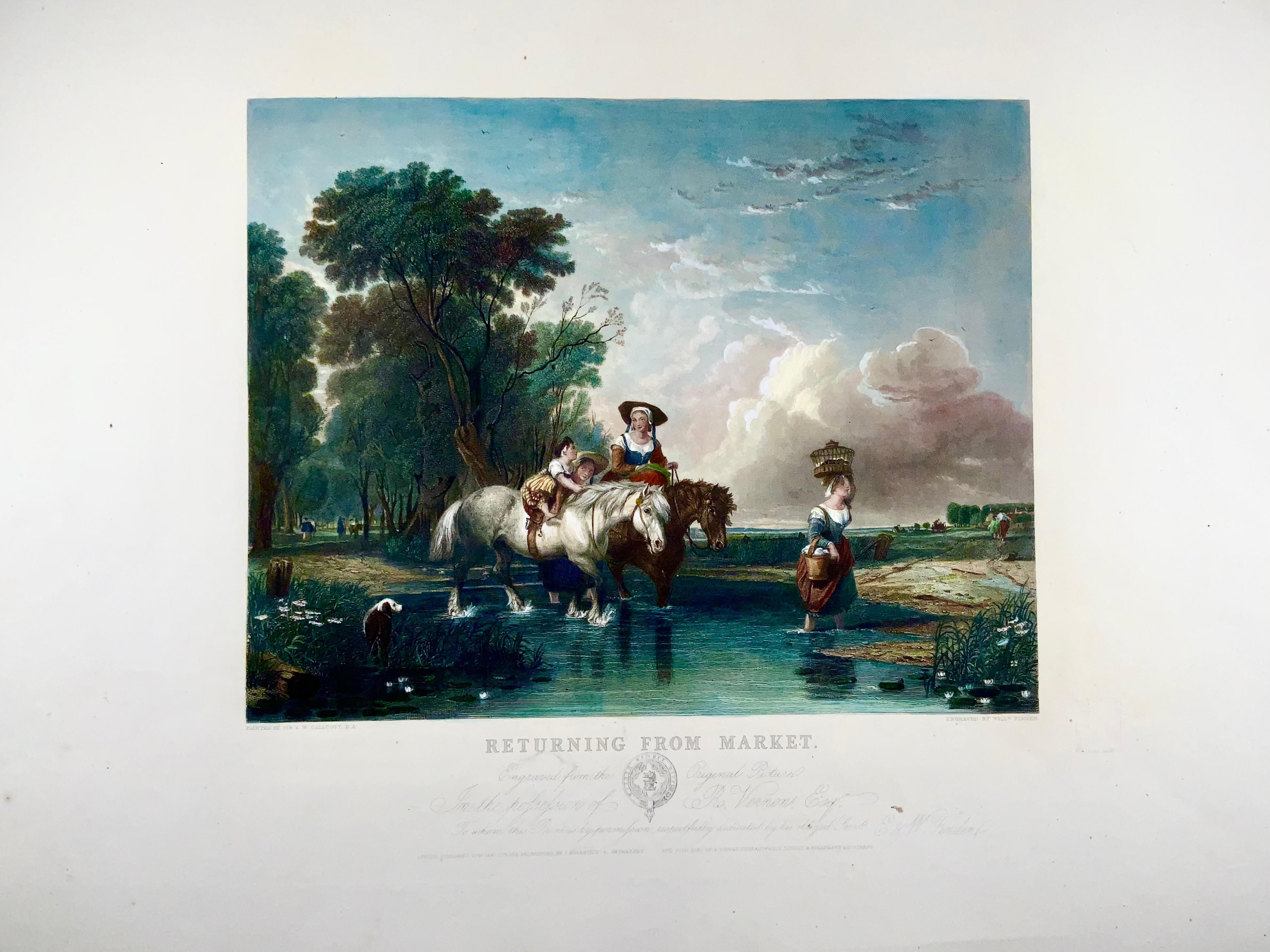 English Returning from Market, a.W. Calcott, Very Large 55cm Coloured Engraving For Sale