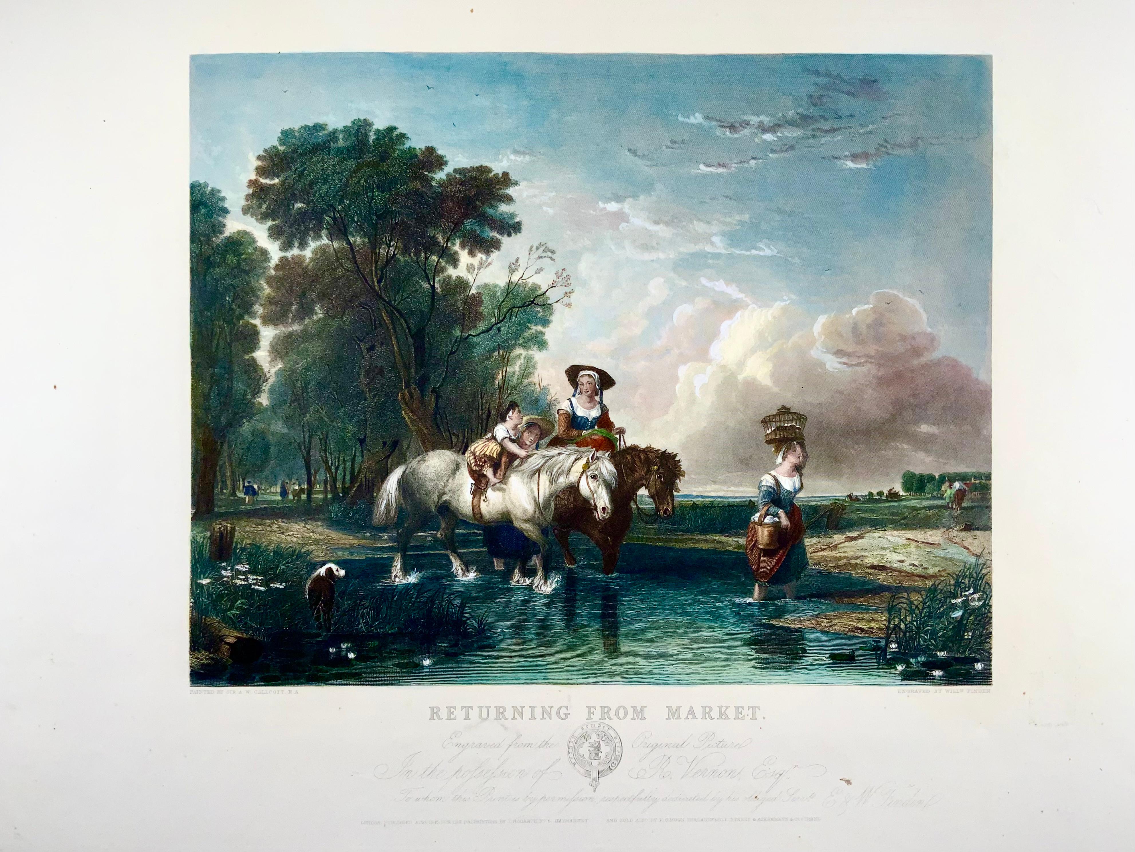 Etched Returning from Market, a.W. Calcott, Very Large 55cm Coloured Engraving For Sale
