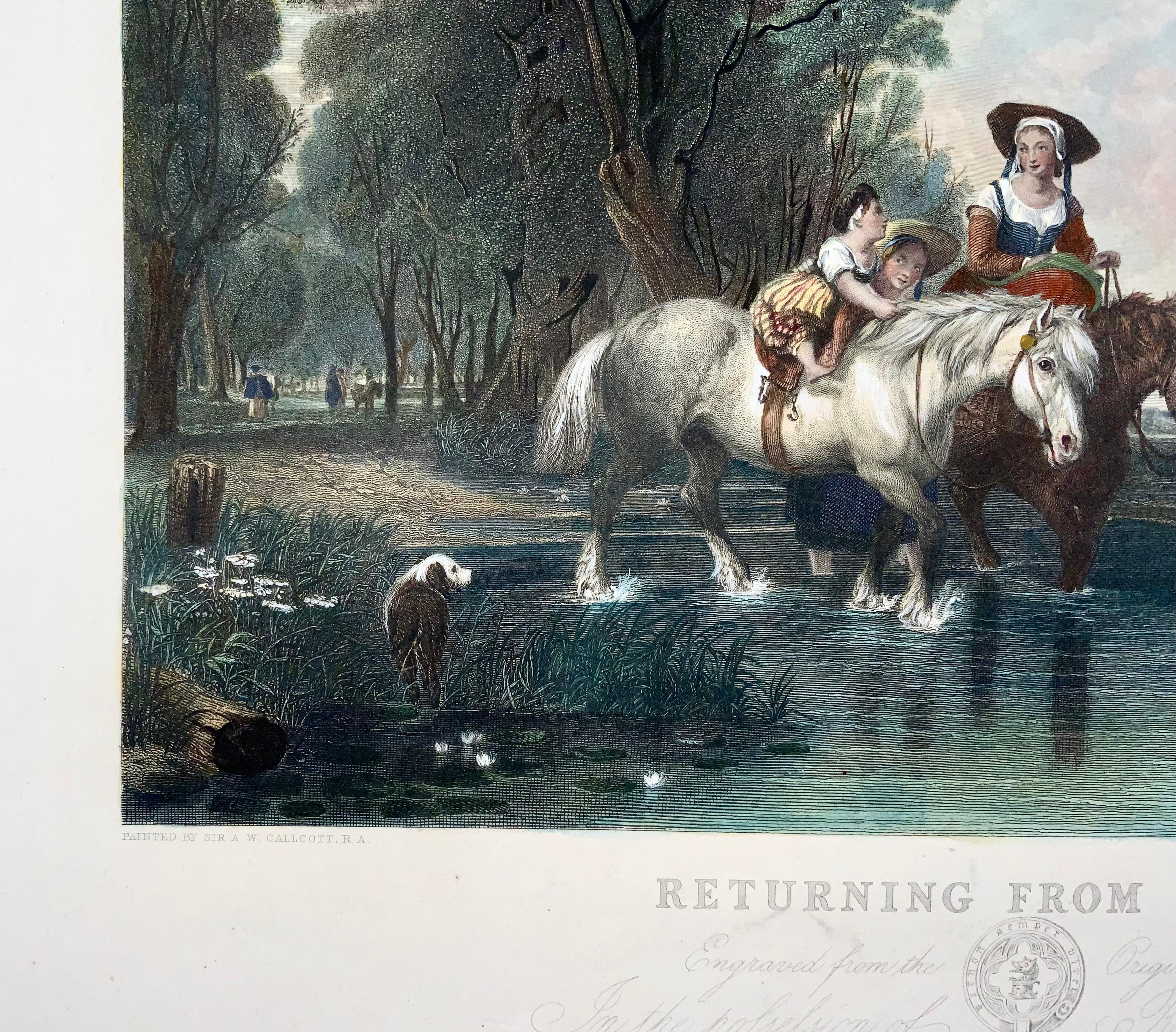 Mid-19th Century Returning from Market, a.W. Calcott, Very Large 55cm Coloured Engraving For Sale