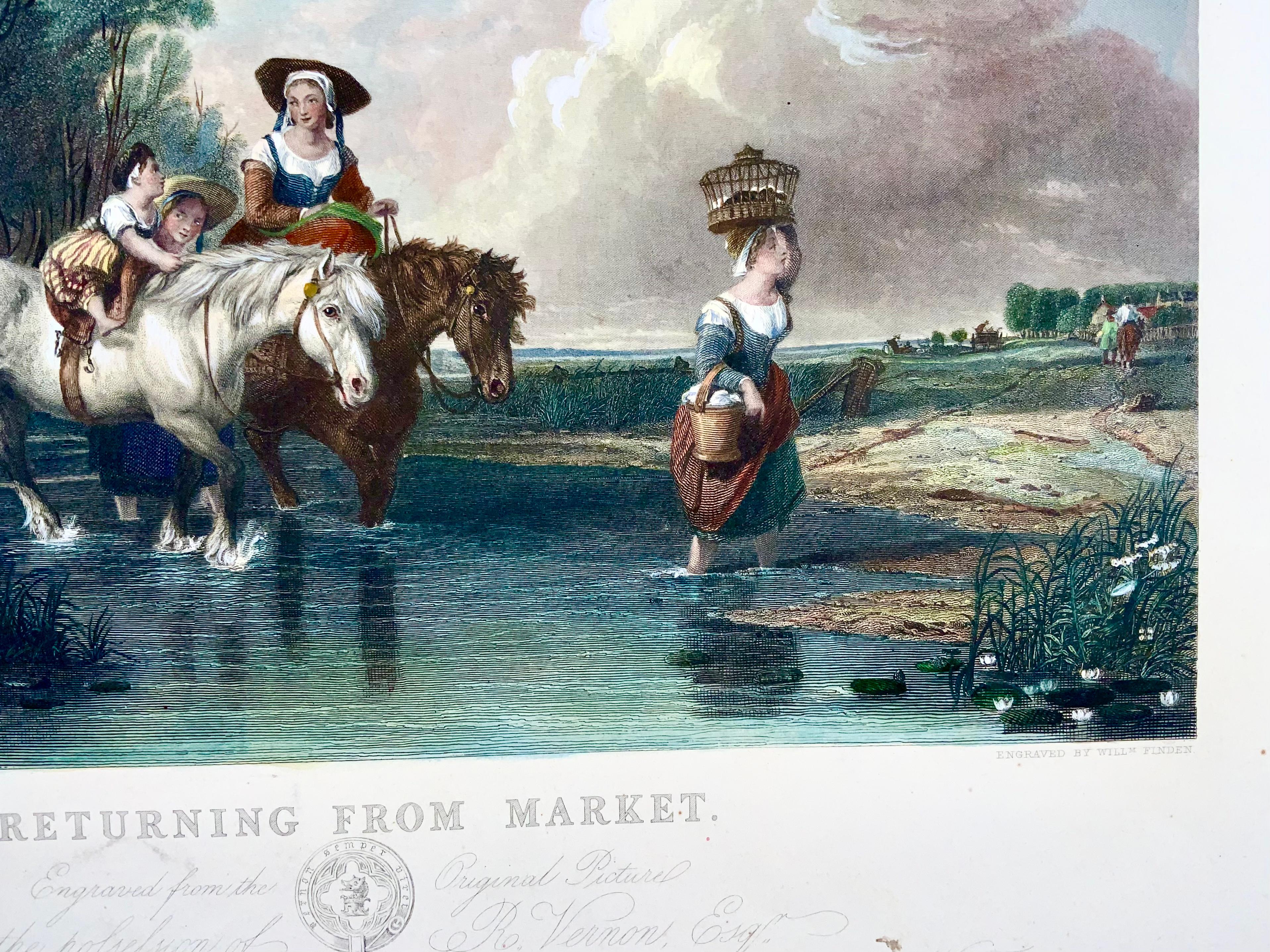 Paper Returning from Market, a.W. Calcott, Very Large 55cm Coloured Engraving For Sale