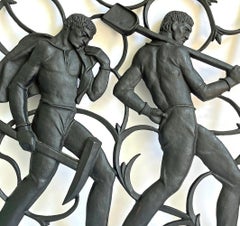 "Returning Miners, " Rare Art Deco Panel w/ Shirtless Laborers with Pick & Shovel