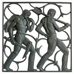 "Returning Miners, " Rare Art Deco Panel w/ Shirtless Laborers with Pick 
Shovel