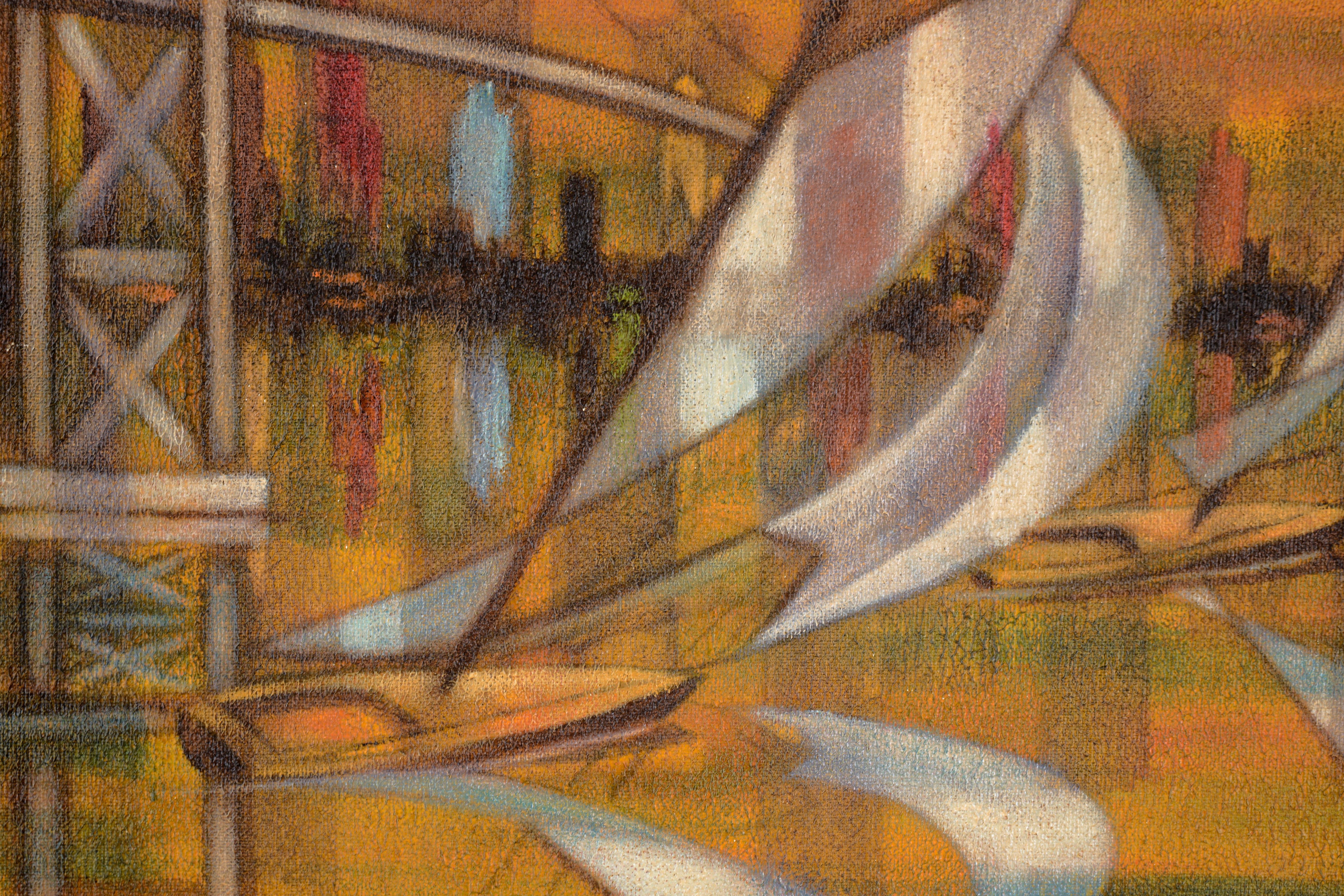 Sailing on San Francisco Bay - Golden Gate Bridge - Oil on Masonite - Modernism - Brown Landscape Painting by Reuben B.B.