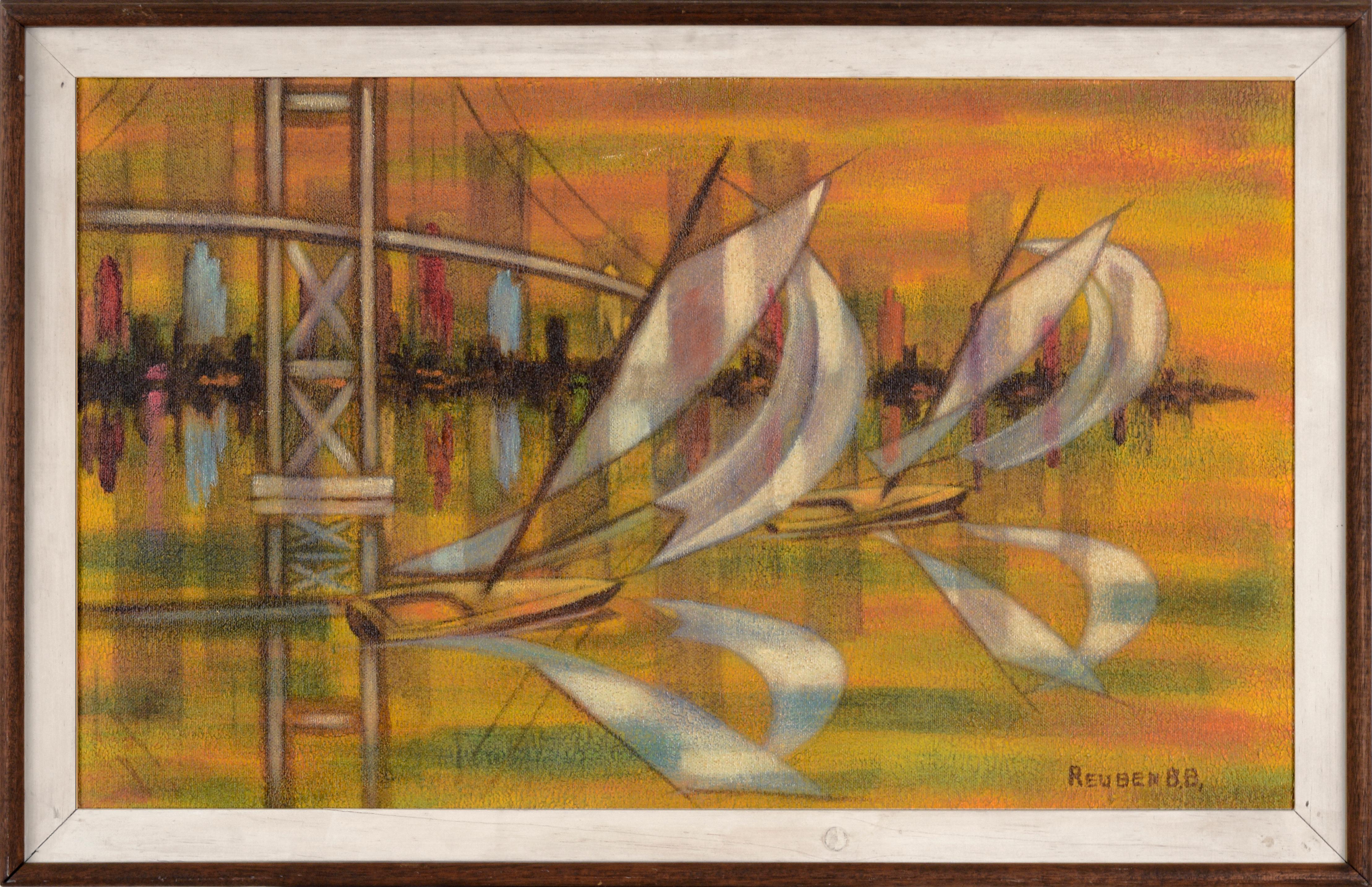 Reuben B.B. Landscape Painting - Sailing on San Francisco Bay - Golden Gate Bridge - Oil on Masonite - Modernism