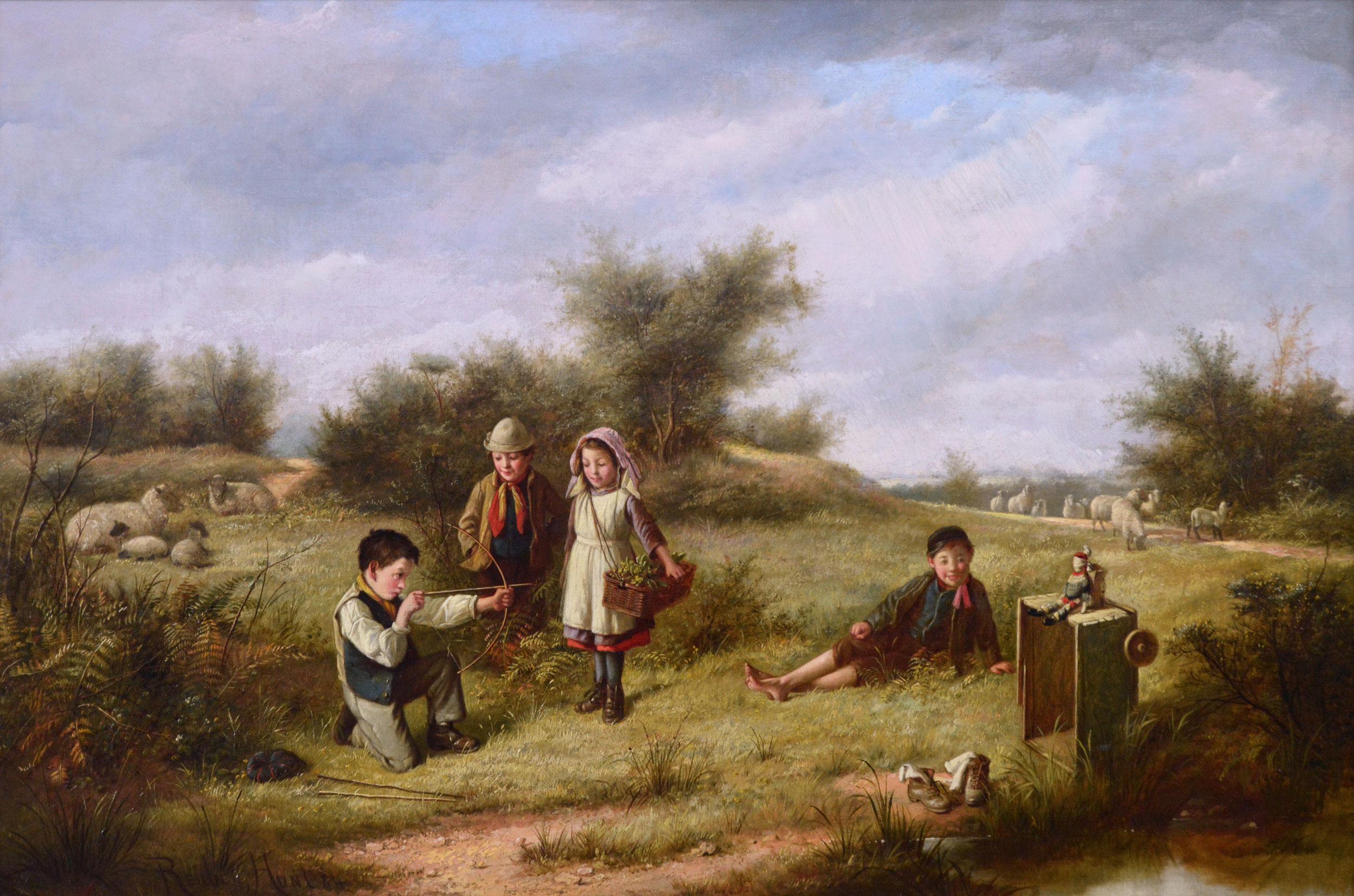 19th Century genre oil painting of children playing  - Painting by Reuben Hunt