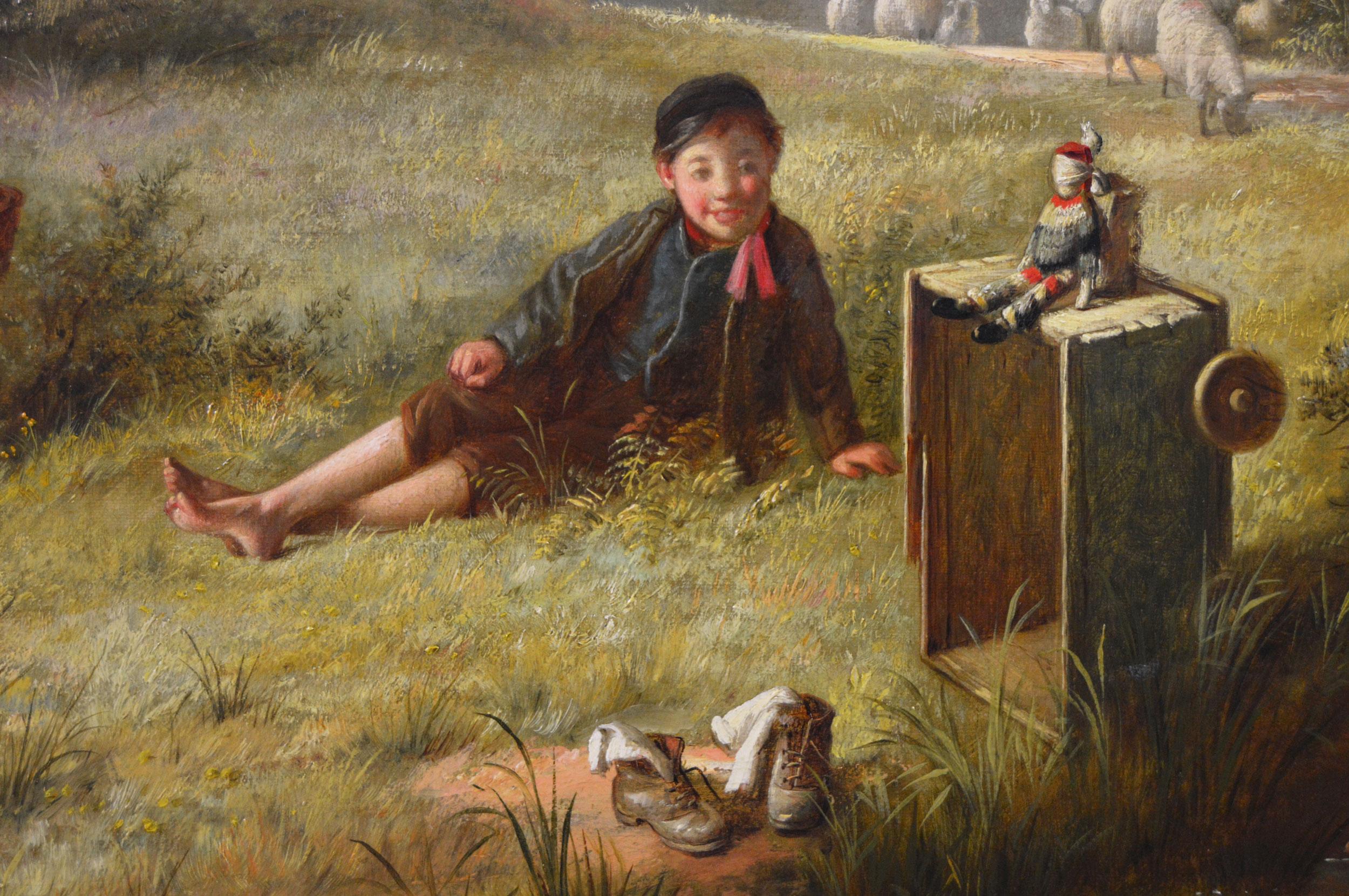 Genre-Ölgemälde von Kindern beim Spielen aus dem 19. Jahrhundert  (Braun), Landscape Painting, von Reuben Hunt