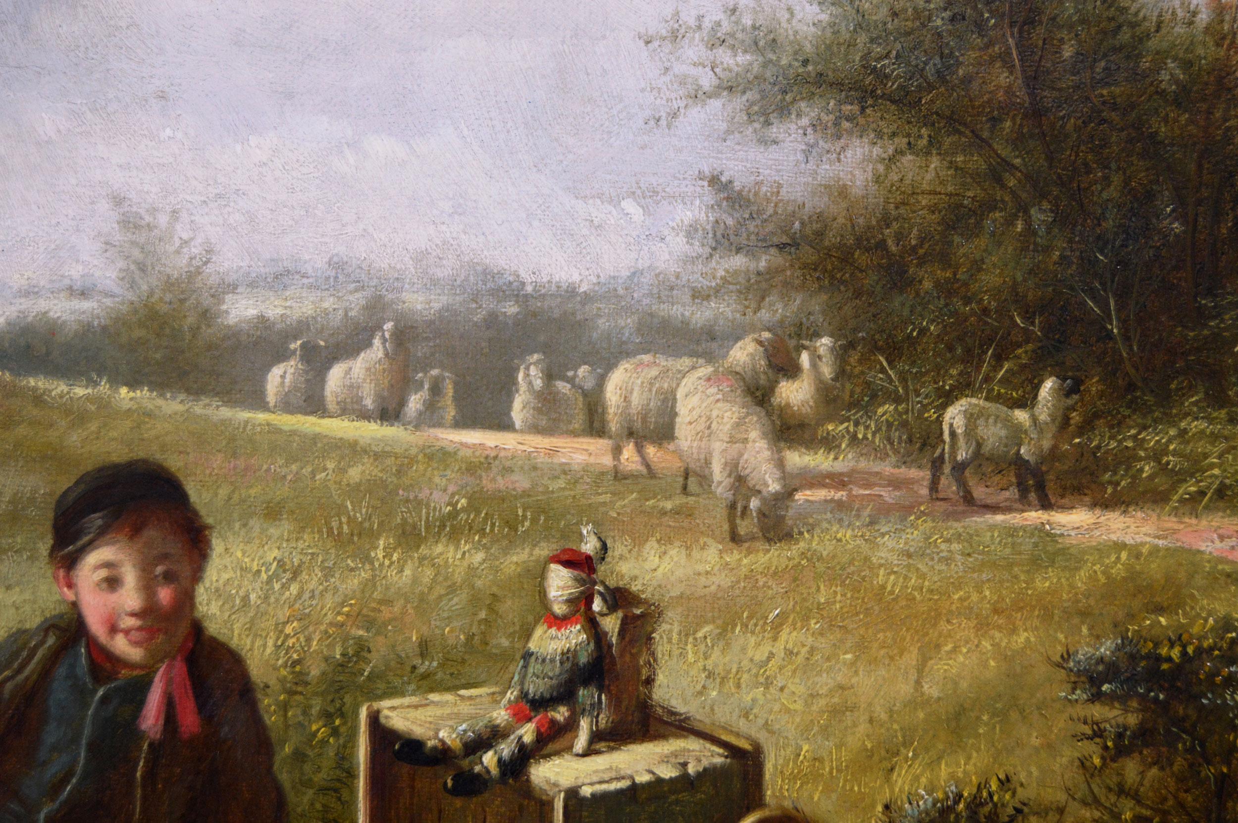 19th Century genre oil painting of children playing  - Victorian Painting by Reuben Hunt