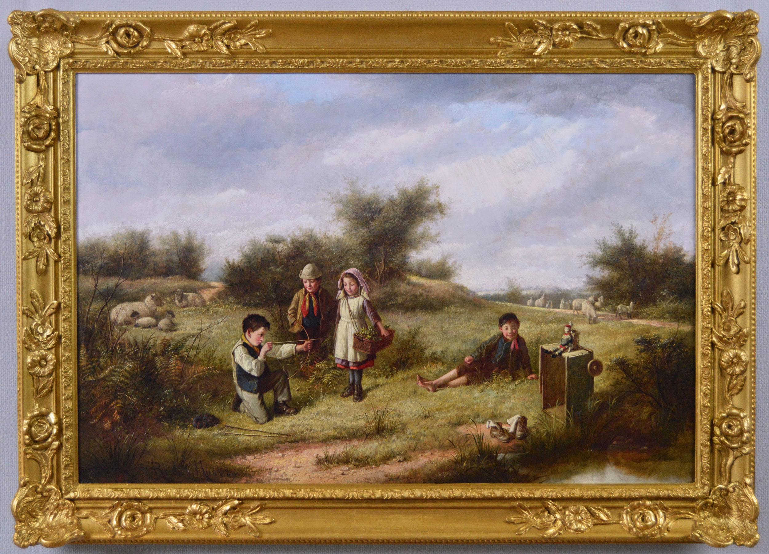 19th Century genre oil painting of children playing 