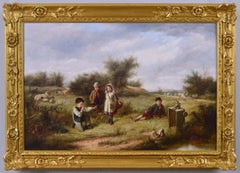 Antique 19th Century genre oil painting of children playing 