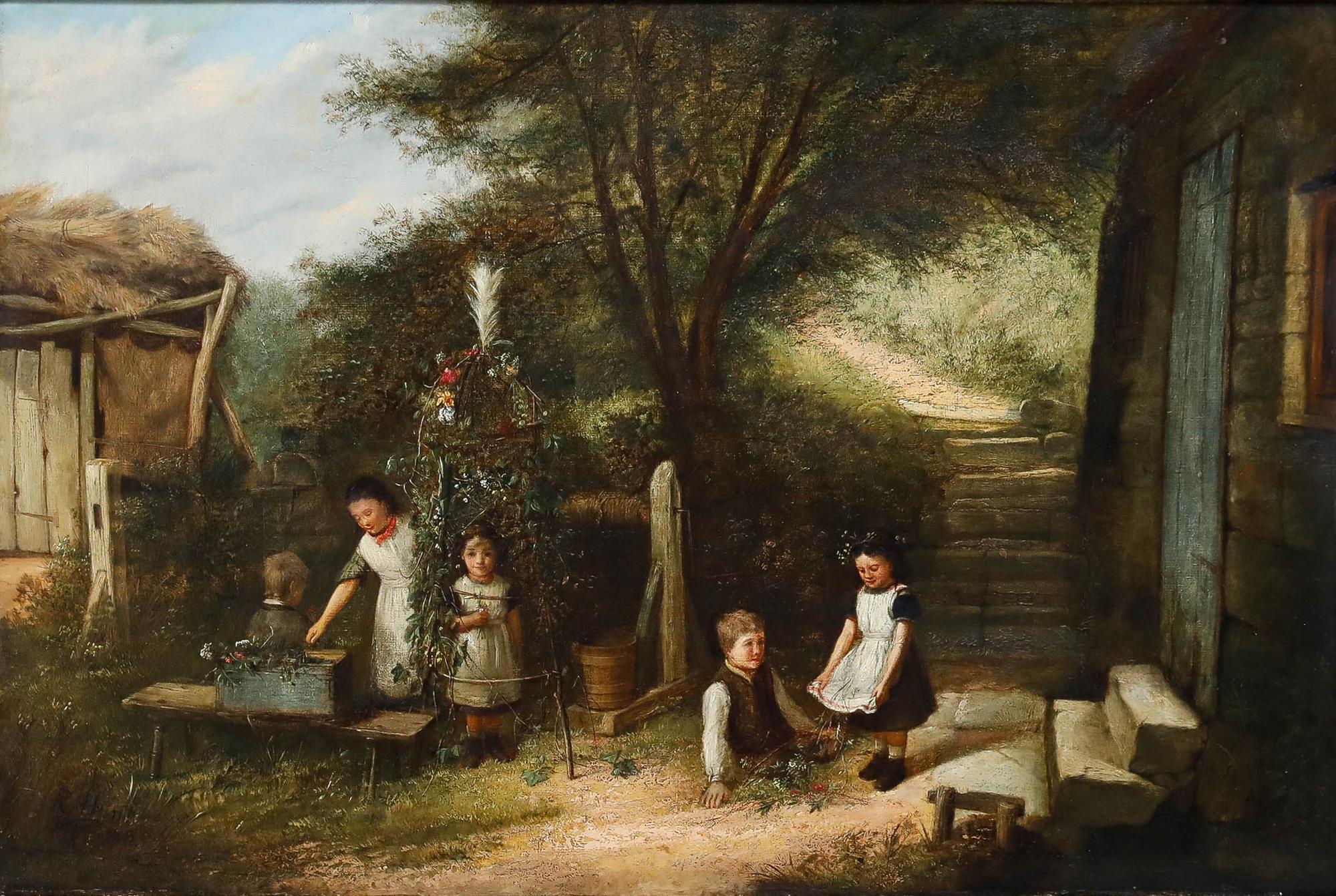 Reuben Hunt (1857-1938) - 1882 Oil, Children in the Garden For Sale 1
