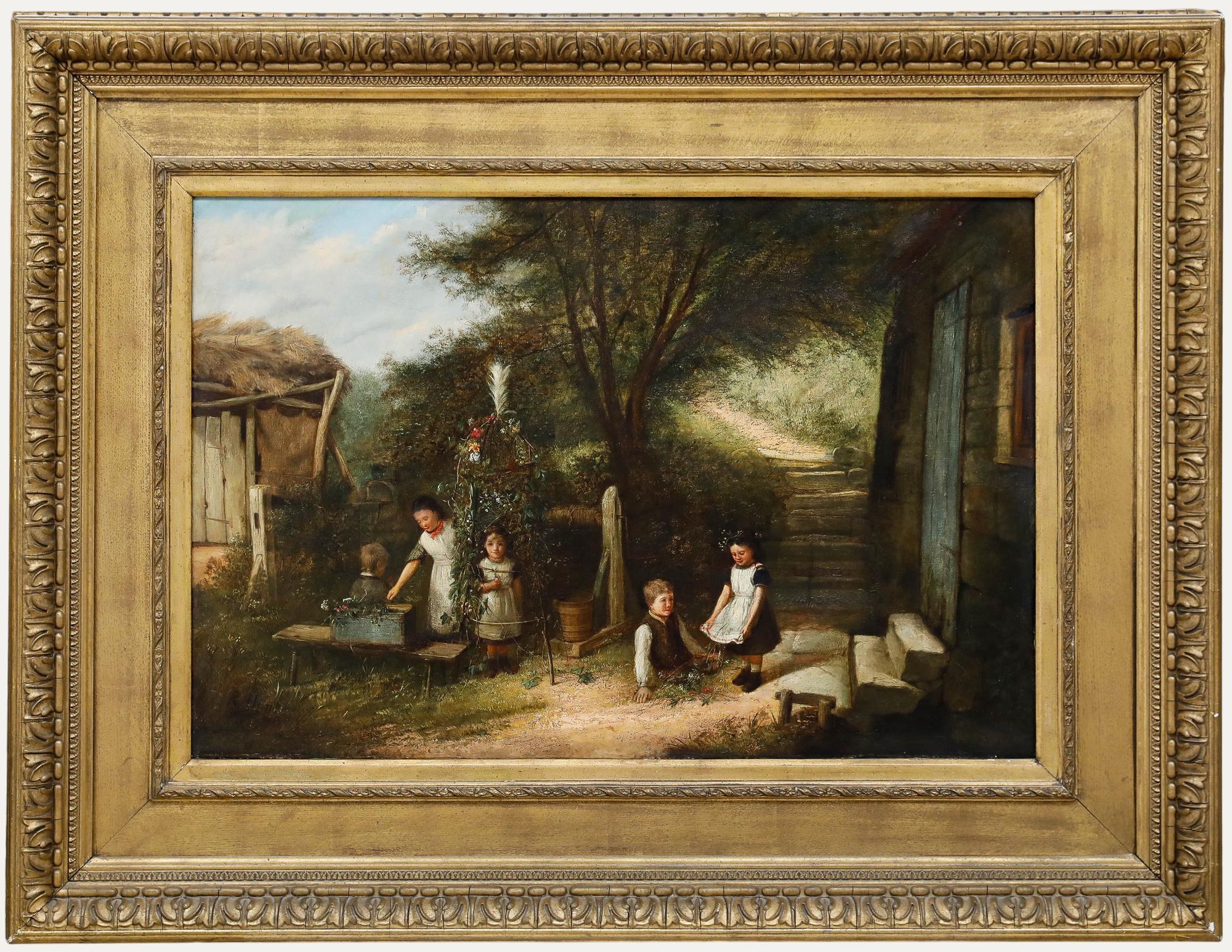 This charming nineteenth-century oil painting presents a quaint portrayal of rural life and childhood innocence. Several children tend to a floral obelisk structure in a humble farmyard. Signed and dated to the lower left. Well presented in an