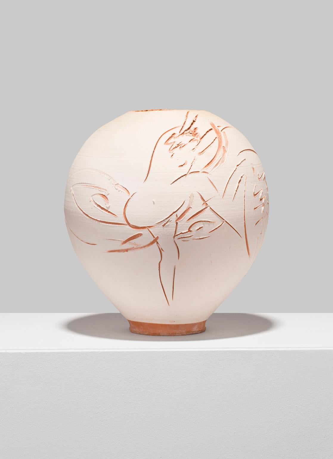 "Leda and the Swan", Incised Earthenware Terracotta Vase, Signed - Mixed Media Art by Reuben Nakian