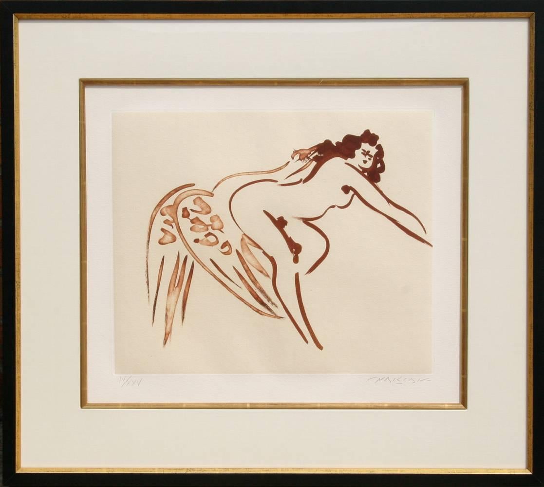 Artist: Reuben Nakian
Title: Leda and the Swan - 7 
Year: circa 1980
Medium: Etching and Chine Colle, signed and numbered in pencil
Edition: IV/XXV
Image Size: 13.5 x 16.5 inches
Size: 20 in. x 26 in. (50.8 cm x 66.04 cm)
Frame Size: 25 x 28 inches